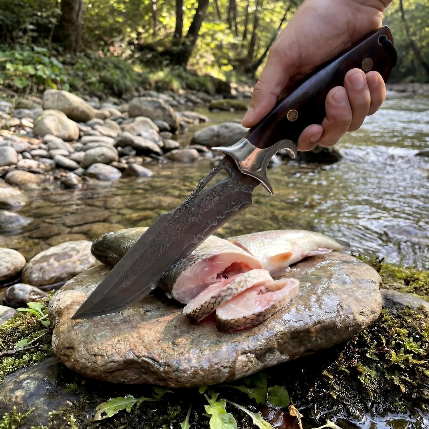 Damascus Hunting Knife, 10.4", Handmade Fixed blade Knife,Bowie knives for men, VG10 Core, 107-layer,Rosewood Handle, Leather Sheath, for Camping, Hunting, Survival,Gift