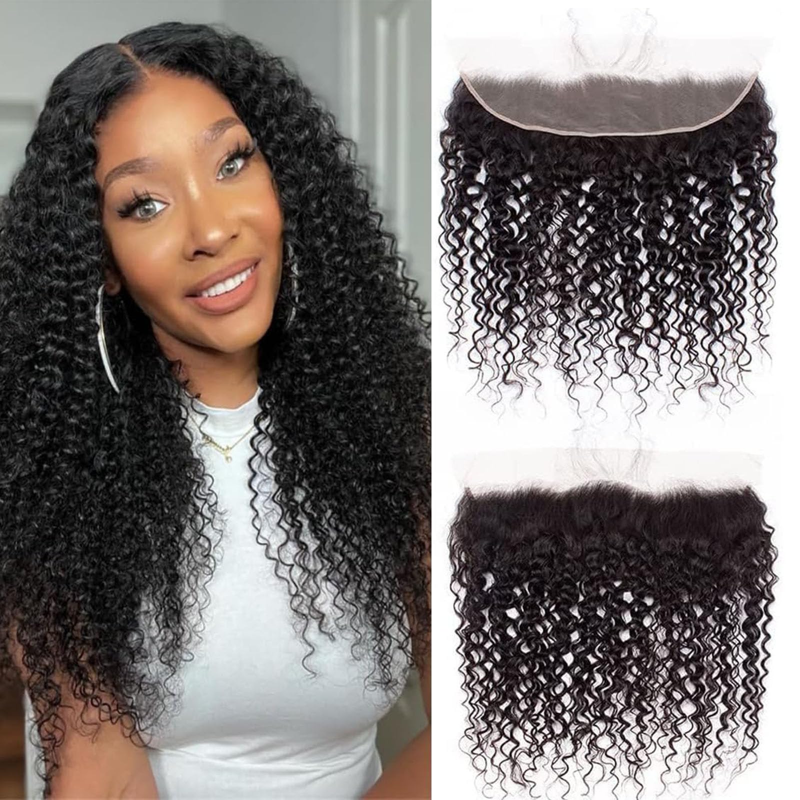 13x4 HD Lace Frontal Kinky Curly Human Hair 180% Density Unprocessed Deep Curly Virgin Hair 13x4 Ear to Ear Lace Closure Frontal Natural Color(13x4
