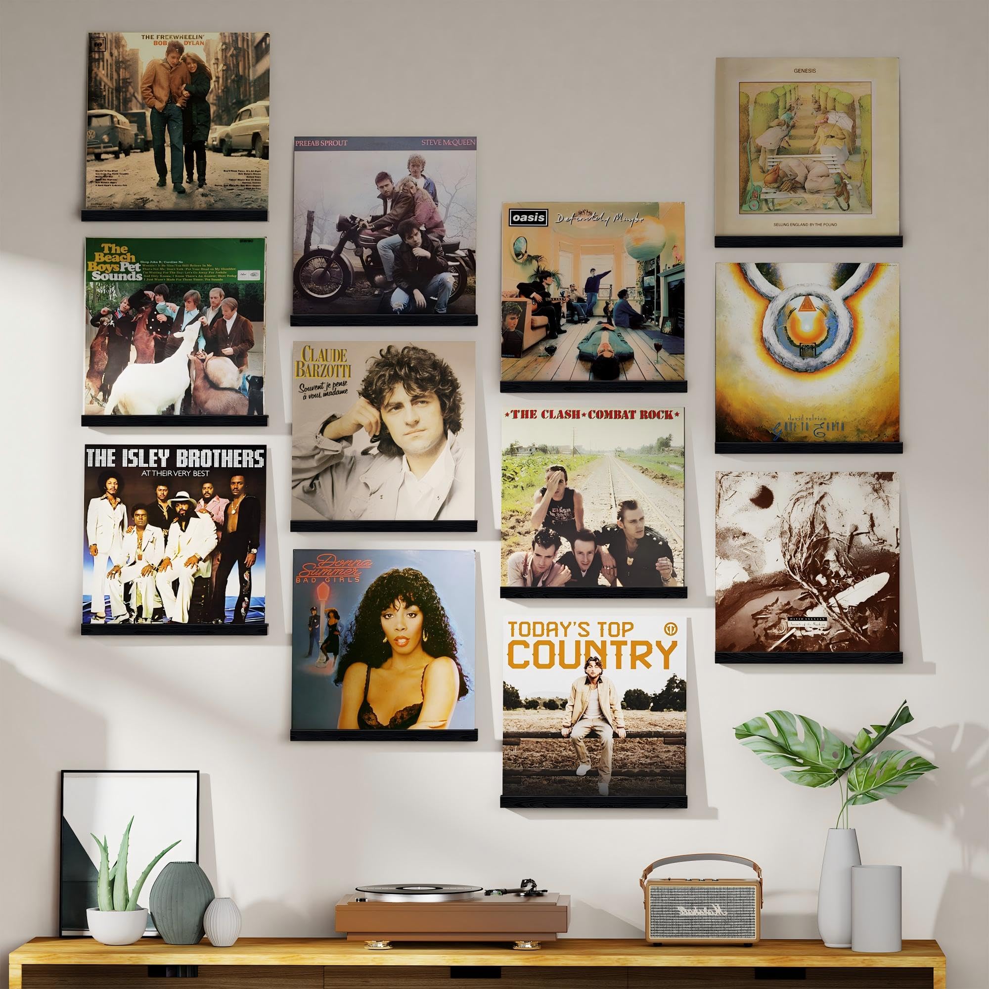 12 Pièces Porte-disques Mural en Bois, Rétro Supports Muraux pour 12 Vinyles, Porte-disques Mural pour Salon de Décoration, Affichage et Stockage, Collections (Noir)