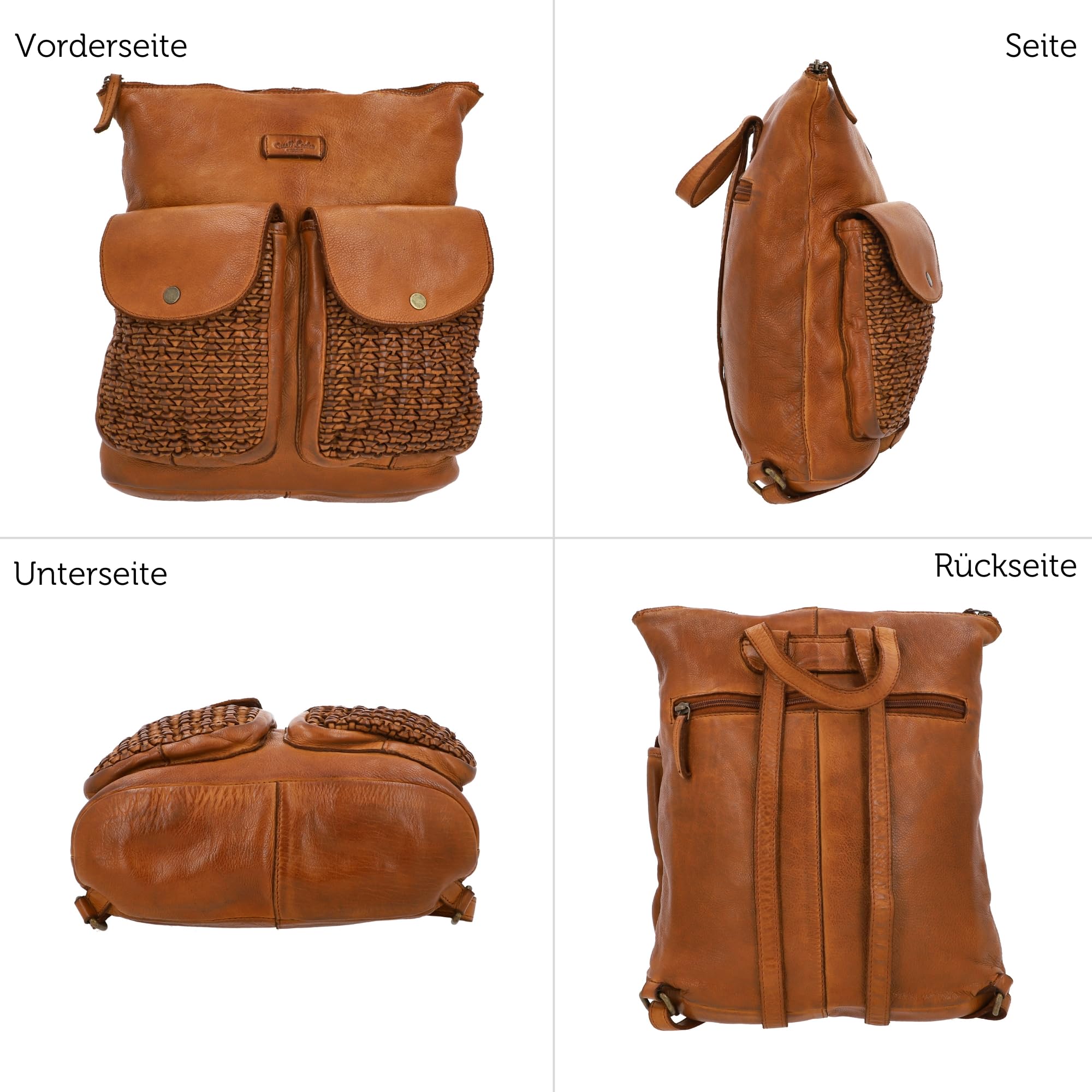 Gusti Leder Rucksack für Damen - Aileen - Stilvoller Vintage Rucksack Damen Leder mit AirTag-Fach, Laptopfach & geflochtenen Details