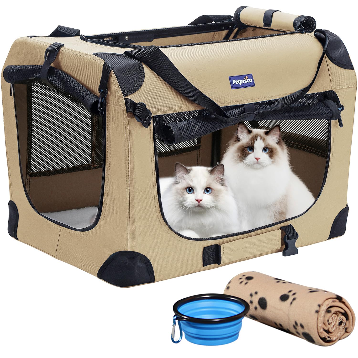 Petprsco Portable Collapsible Dog Crate, Travel Dog Crate 60x42x42cm with Soft Warm Blanket and Foldable Bowl for Large Cats & Small Dogs Indoor and Outdoor