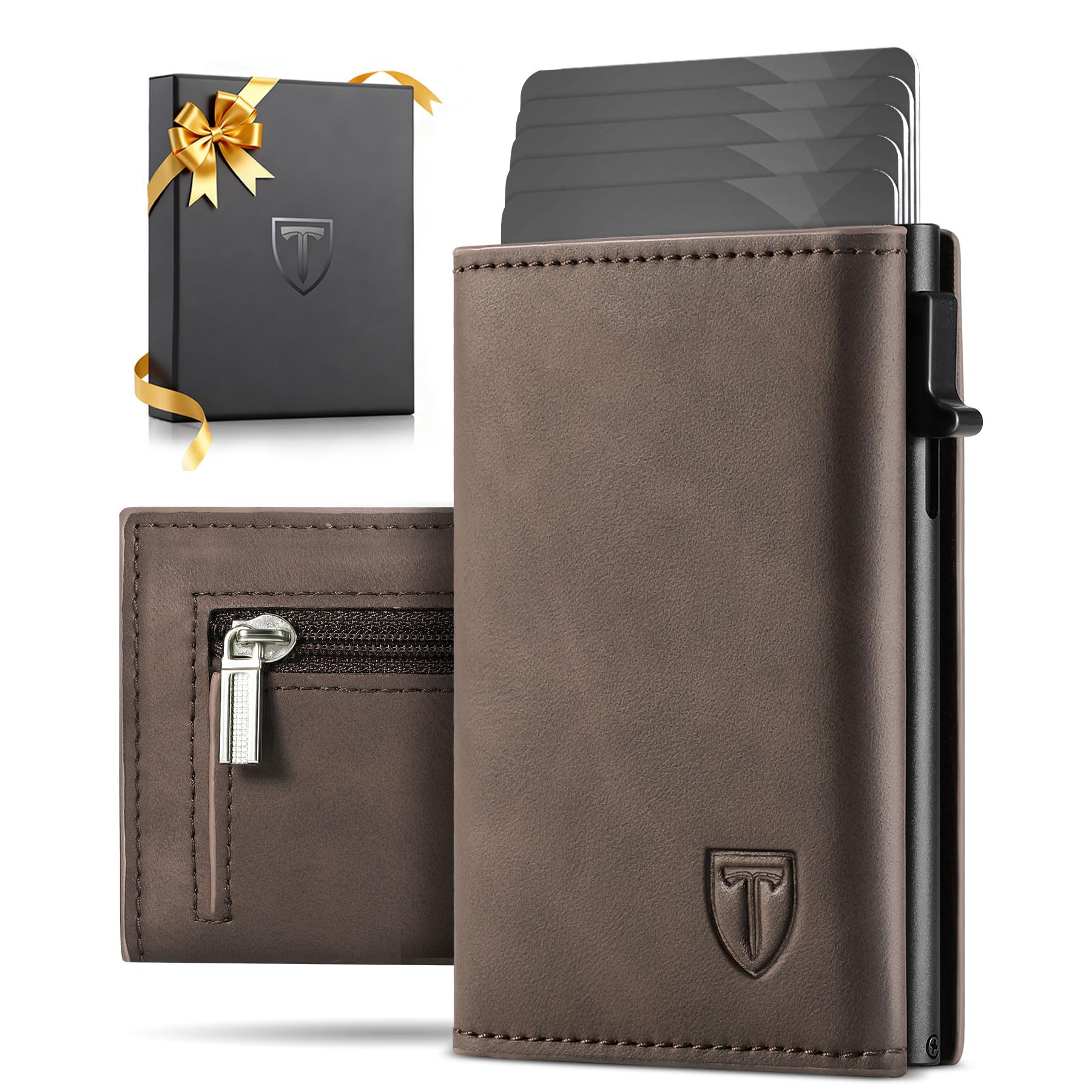 Carteras para Hombre Bloqueo RFID Tarjetero Cierre Magnético Pop-up Cartera Marrón