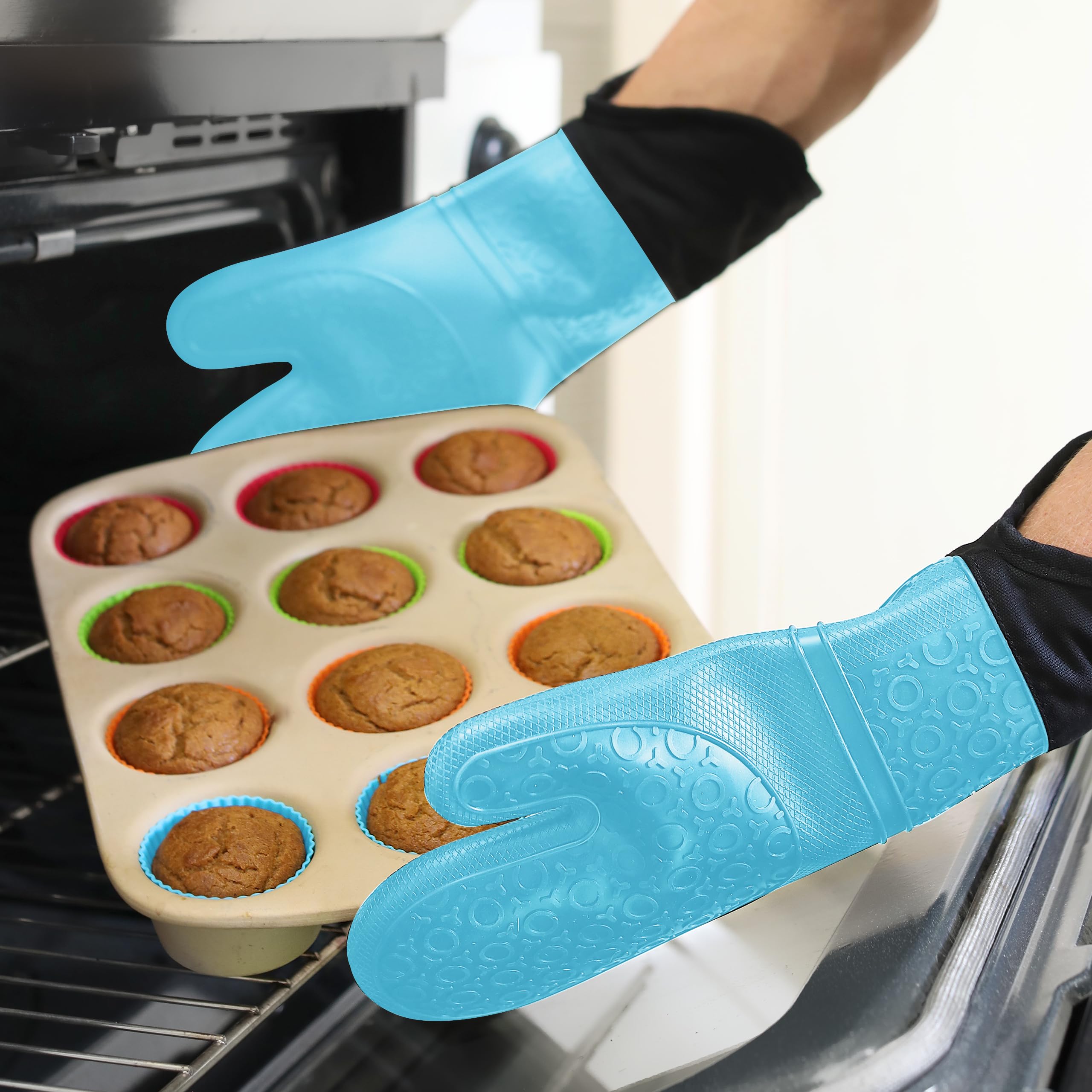 BPA-Free Soft Silicone Oven Mitts - Ultra Heat Resistant Oven Mitts with Thick Cotton Liner - Extra Long Slip Resistant Pot Holders, Flexible Oven Gloves - Aqua/Black 14.7" - Image 8 thumbnail