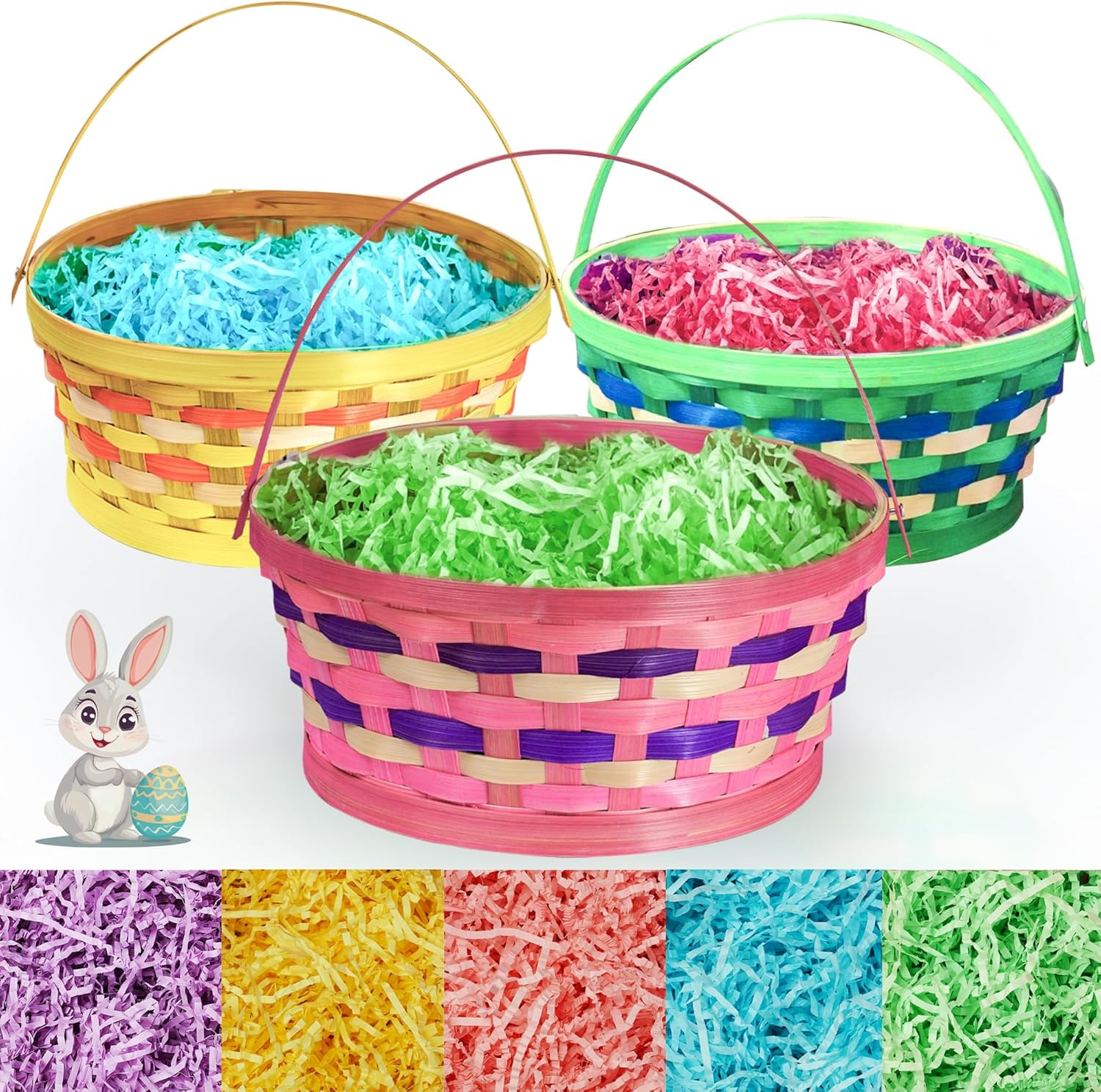 Uptotop Easter Basket with Handle, 4Pcs Woven Bamboo Easter Egg Baskets with 5 Colors Crinkle Cut Paper Filler, Perfect for Easter Egg Hunting, Decorations, Party Favors and Gift Giving