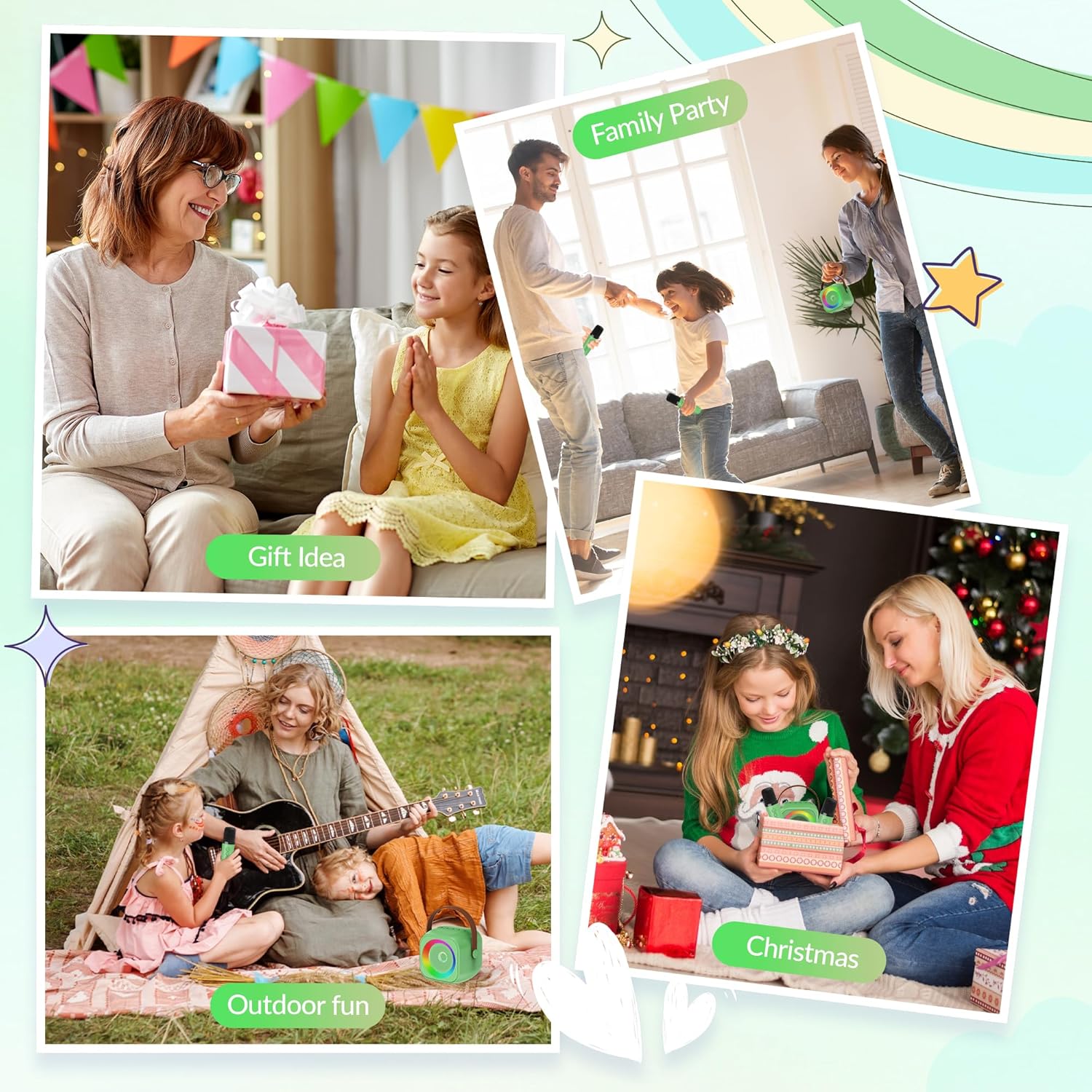 Mini Karaoke Machine：Portable Bluetooth Karaoke Microphone, Singing Speaker with 2 Wireless Mic and Light Kids Adults, Christmas Birthday Gifts for Girls Boys Family Home Party(Green) - Image 8