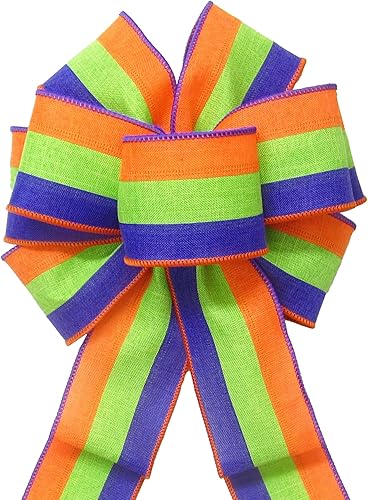 8" Orange Purple Lime Stripes Halloween Wreath Bows by Alpine Holiday Bows - Fall Bows for Wreaths & Lanterns - Striped Halloween Bows for Fall