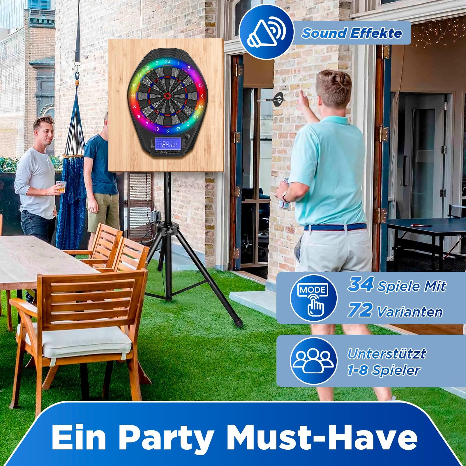 Dartscheibe Elektronisch mit LED-Lichtmodi, Automatische Punktzählung LCD, 34 Spiele & 72 Varianten, Soft/Steeldart geeignet, Komplettset mit 12 Pfeilen + 100 Ersatzspitzen, Type-C Aufladung