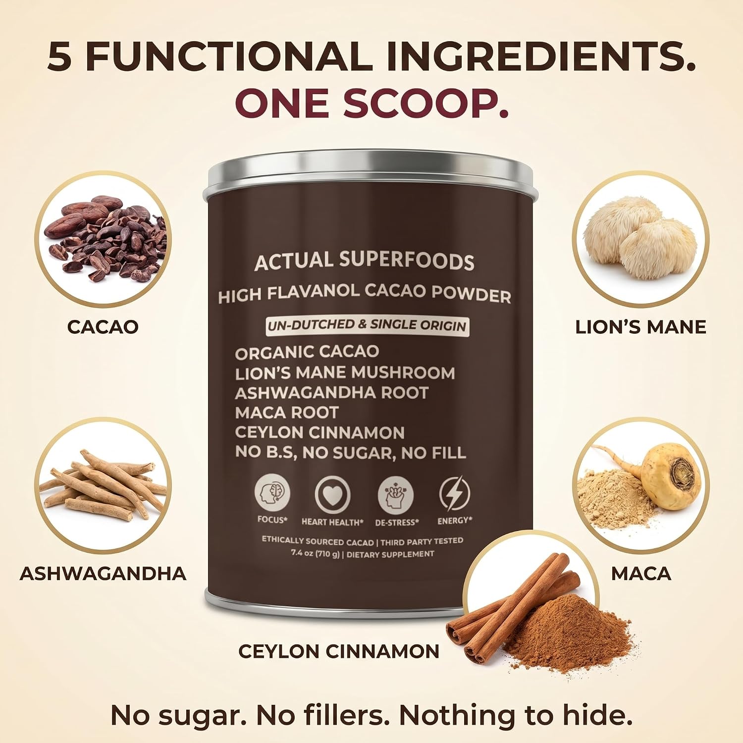 High Flavanol Cacao Powder Blend - Flavanols & Flavanoids - Organic Coffee Alternative with Lions Mane, Ashwagandha, Maca & Ceylon Cinnamon - 7.4 ounces - Morning Focus & Energy Ritual image 5