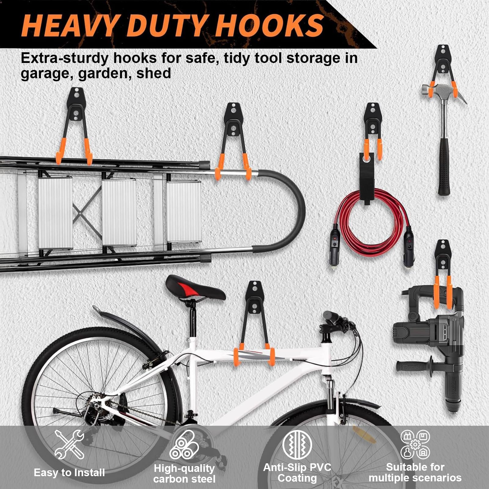 EZ COZY Robuste Wandhalterungshaken, 16 Stück mit 2 Verlängerungsschnurbändern (orange) für Garage, Schuppen, Fahrräder, Leitern, Seile