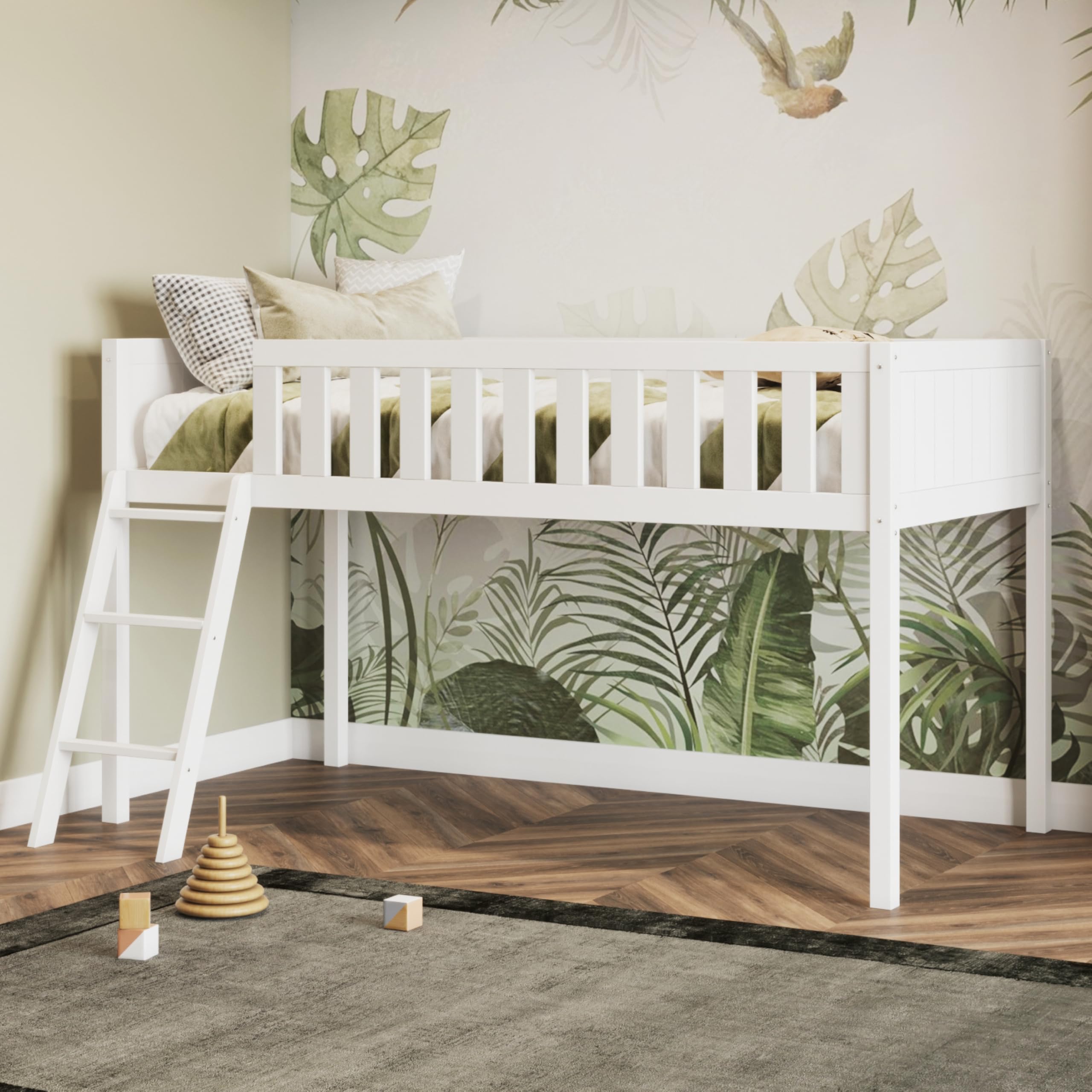 Flair Furnishings - Kids Mid Sleeper Bed with Storage Space, Cabin Bed, Heavy Duty and Sturdy, Cosy, Stylish, Space Saving Design (White)