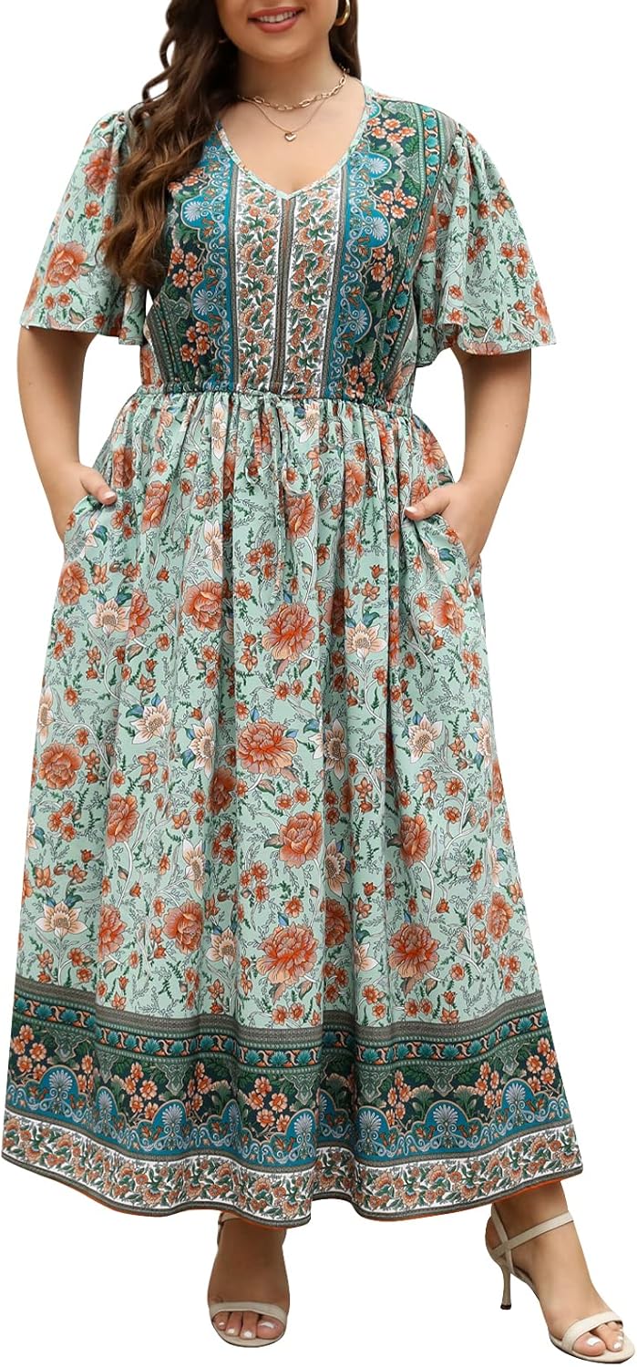 Nemidor Womens Plus Size Maxi Dress Summer Boho Sundress Floral Print Flared Casual Long Dresses with Pocket