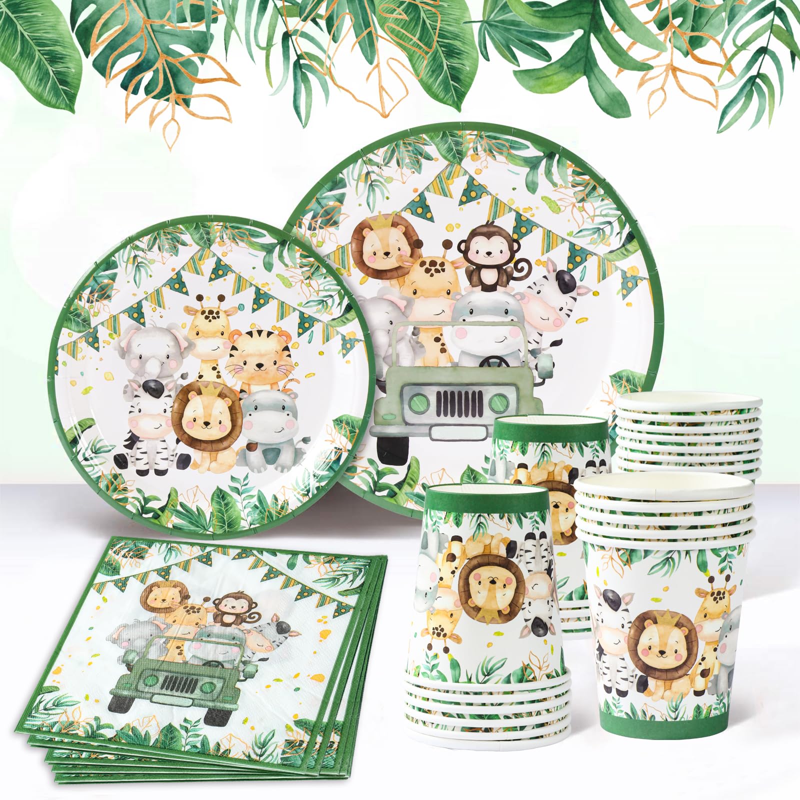 Vajilla Desechable Jungle Safari, 96 Piezas Vajilla Desechable Animale, Verde Salvia Platos Cumpleaños Infantil, Platos Tazas Servilletas Animale para Jungle Safari Cumpleaños Baby Shower 24 Invitados