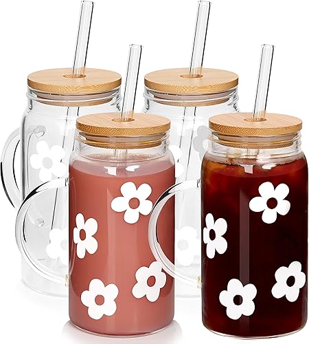 Mason Life Tazas de café helado, tazas de café de 16 onzas con tapas y popotes de vidrio, tazas de café con asa, vasos de vidrio de flores con tapas
