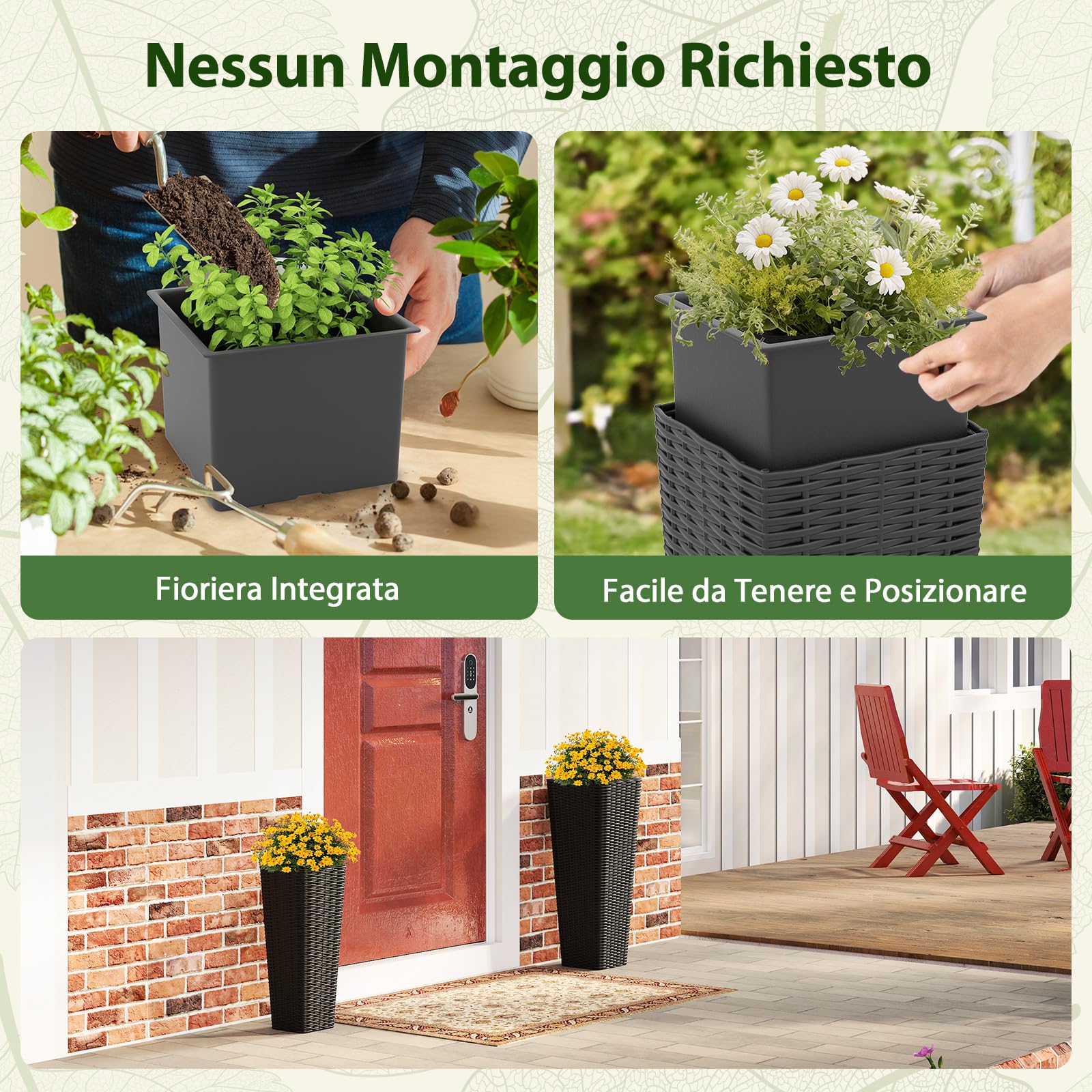 COSTWAY 2 Vasi Alti per Piante da Interno ed Esterno, Grandi Fioriere in Rattan con Vassoi Interni Rimovibili, Fori di Drenaggio, Fioriere Decorative per Giardino, Cortile e Balcone (Nero)