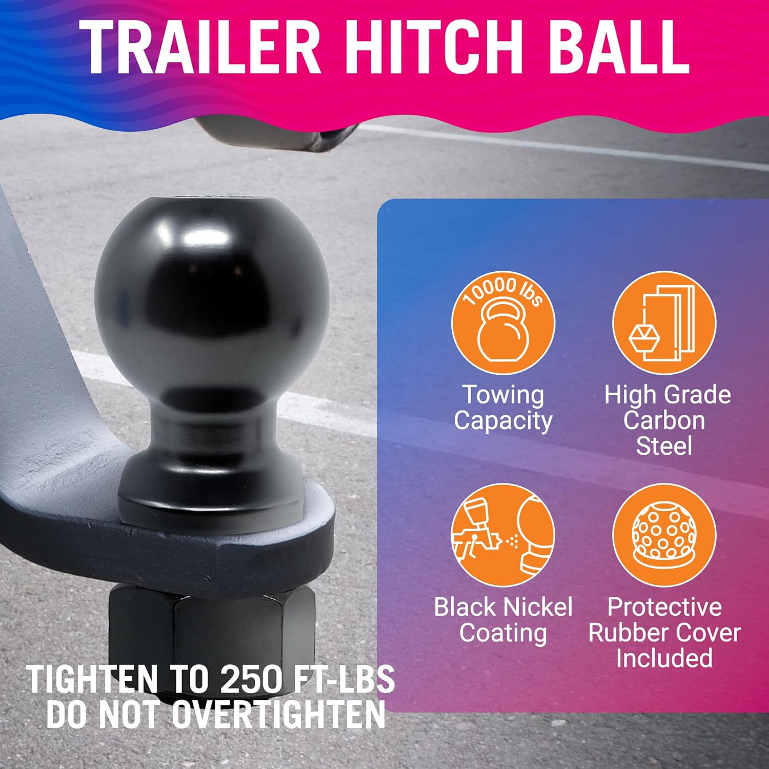 2 Inch Trailer Ball Hitch, 10000lbs Capacity, 1 1/4" Shank Diameter, 2" Long, Marine Grade Tow Ball for Boats or Towing