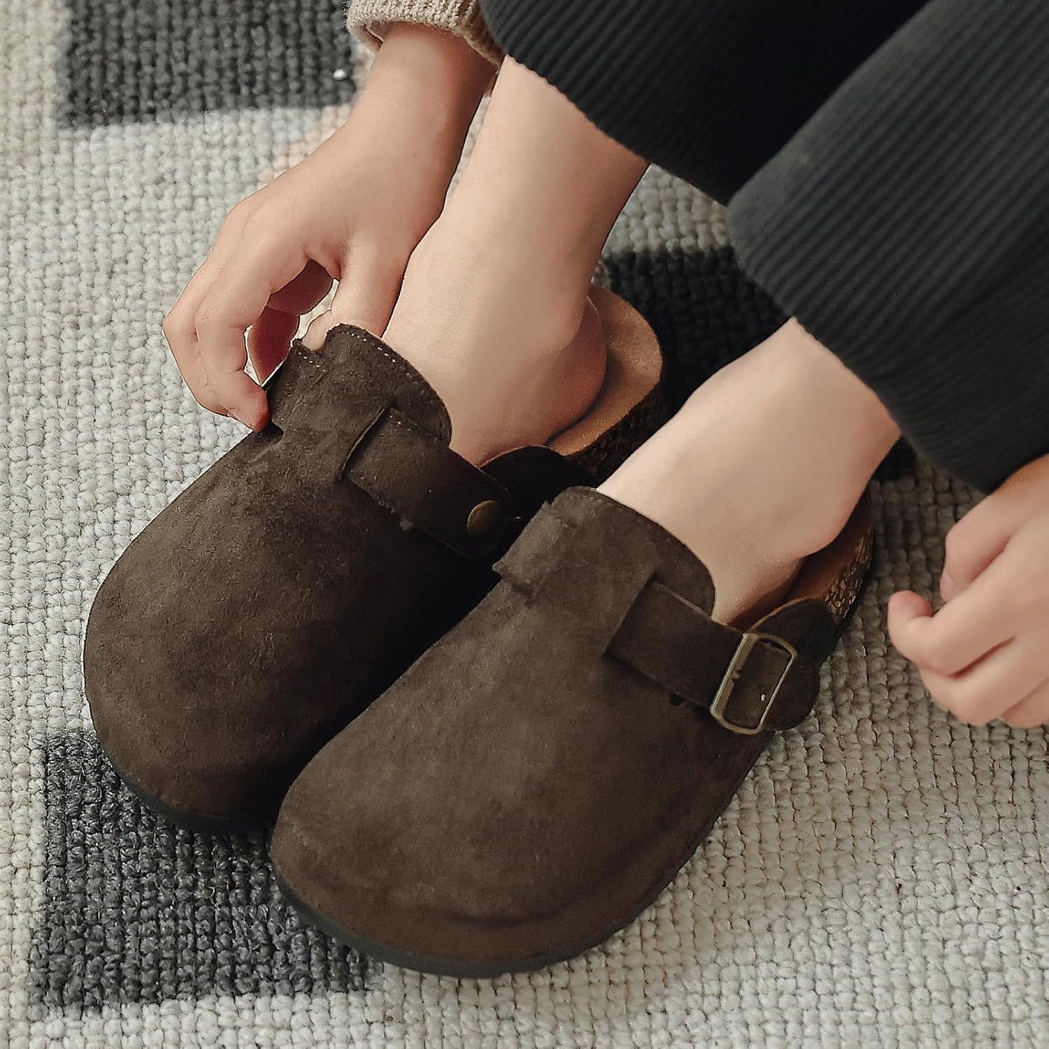 XTJSCBDSH Kids Suede Clogs with Cork Footbed, Toddler Boys Girls Sandals, Adjustable Buckle Slip-On Slippers, Arch Support Mules for Indoor Outdoor - Image 2