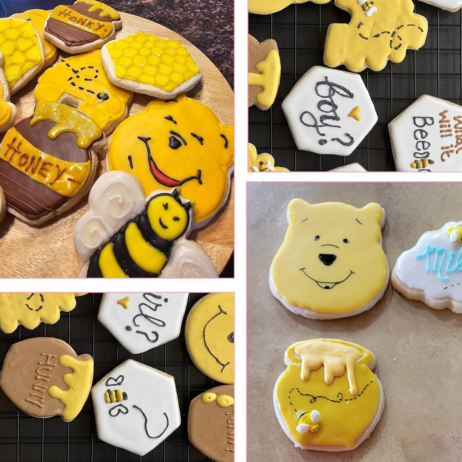 Thinp 6 Pack Bee Cookie Cutter Set-Pooh Bear,Bee,Beehive,Hexagon Honeycomb,Flower and Honey Jar Stainless Steel Cookie Cutters for Honey Bee Party Baking Muffins Decoration Holiday Bakeware