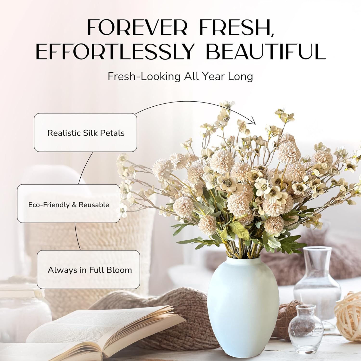 Chrysanthemum Flowers Artificial Kiku with Dogwood – 10 Cream Faux Pom Pom Mum Stems and 10 Dogwood Flowers for Vase, Silk Faux Floral Arrangement for Home Decor and Centerpiece Displays