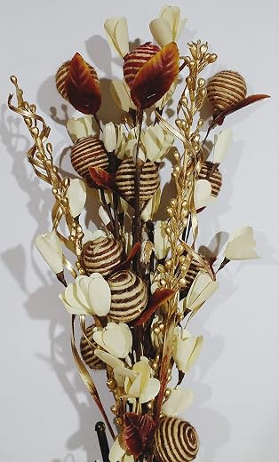 Bunch of Handmade Dry Palm Leaf Artificial Flowers, Moti Sticks, Jute Thread Balls and Dry Palm Leaves Filler, 50cm Bunch,...