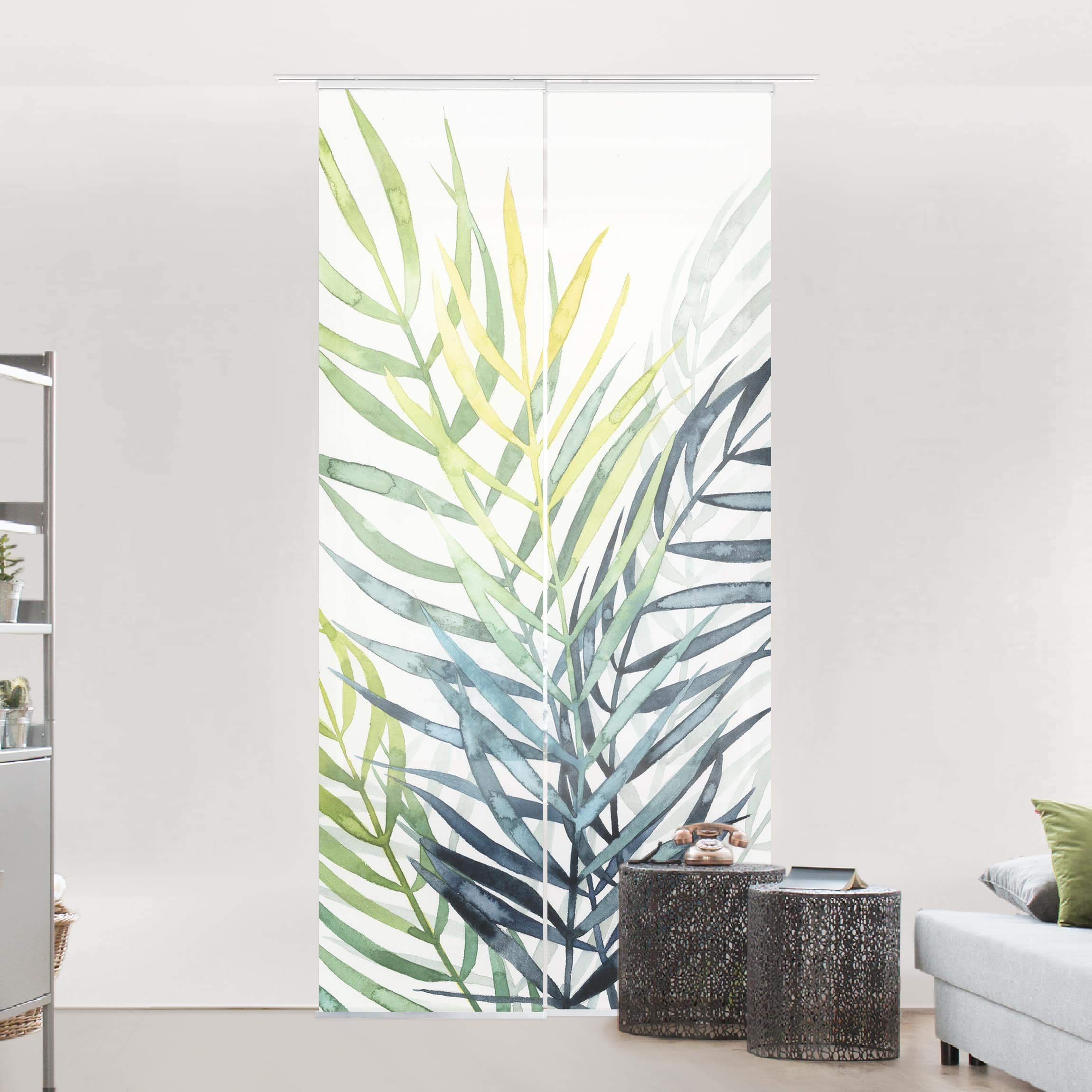 Schiebegardine halbtransparent 60er Paneel Klett Blumen Textil lichtdurchlässig - Pflanzen Aquarell Flächenvorhang Weiss Wohnzimmer Schlafzimmer 2046 (120x250 cm - 2er Set)