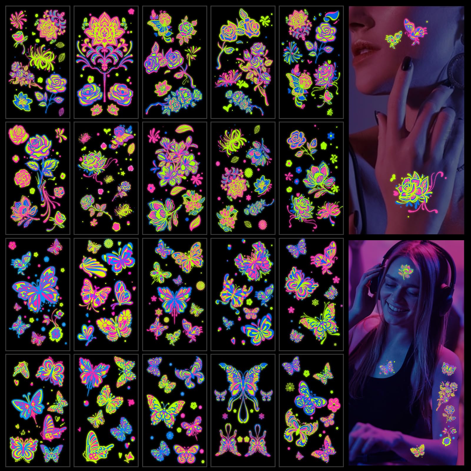 Qpout 20 Hojas brillan en el neón UV Tatuajes temporales Flores de mariposa Fluorescencia UV Flash Pegatinas falsas del tatuaje para las mujeres Niñas Arte Corporal de la Cara Festival Rave