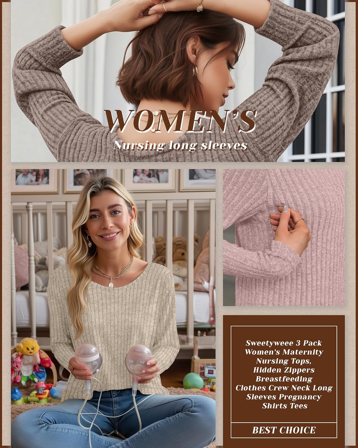 3 Pack Women's Nursing Tops Breastfeeding Shirts Long Sleeve Maternity Ribbed Sweaters with Hidden Zipper - Image 4