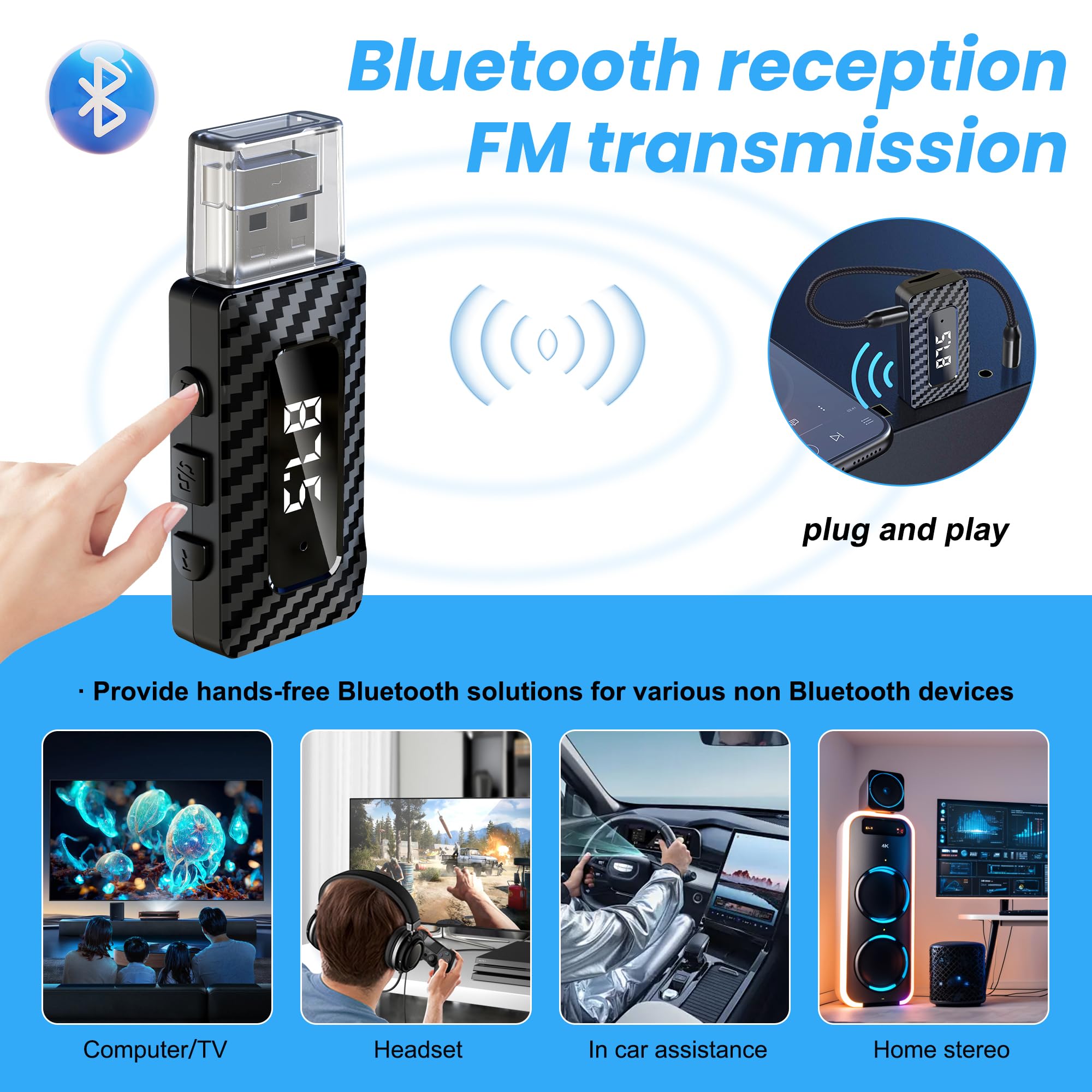 Adattatore Bluetooth USB 5.3 Ricevitore per PC, altoparlanti, autoradio e stereo con 3.5mm AUX