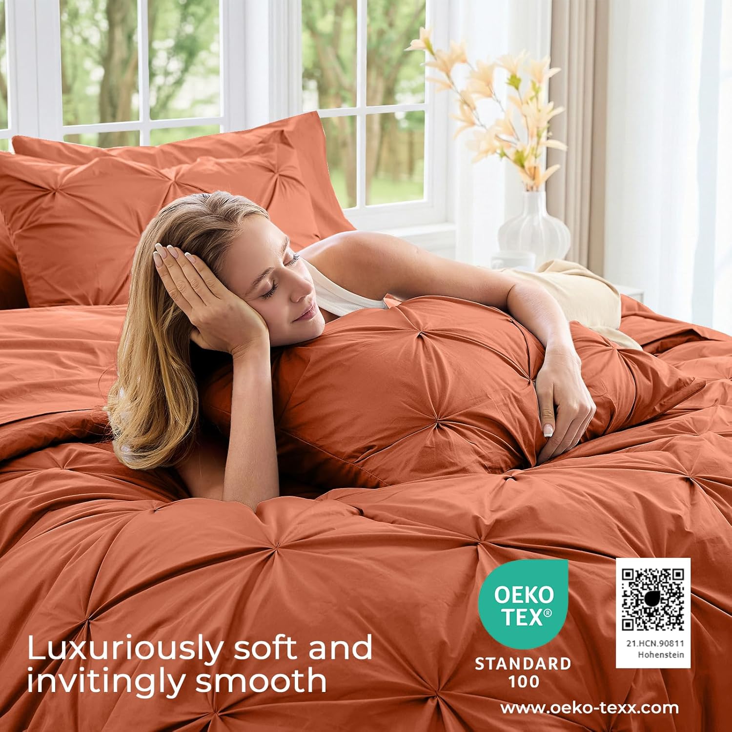 Sasttie Queen Comforter Set, 7-Piece Bed in a Bag, Pintuck Bedding Sets for All Season, Includes Comforter, Flat Sheet, Fitted Sheet, Pillowcases and Pillowshams, Burnt Orange - Image 3