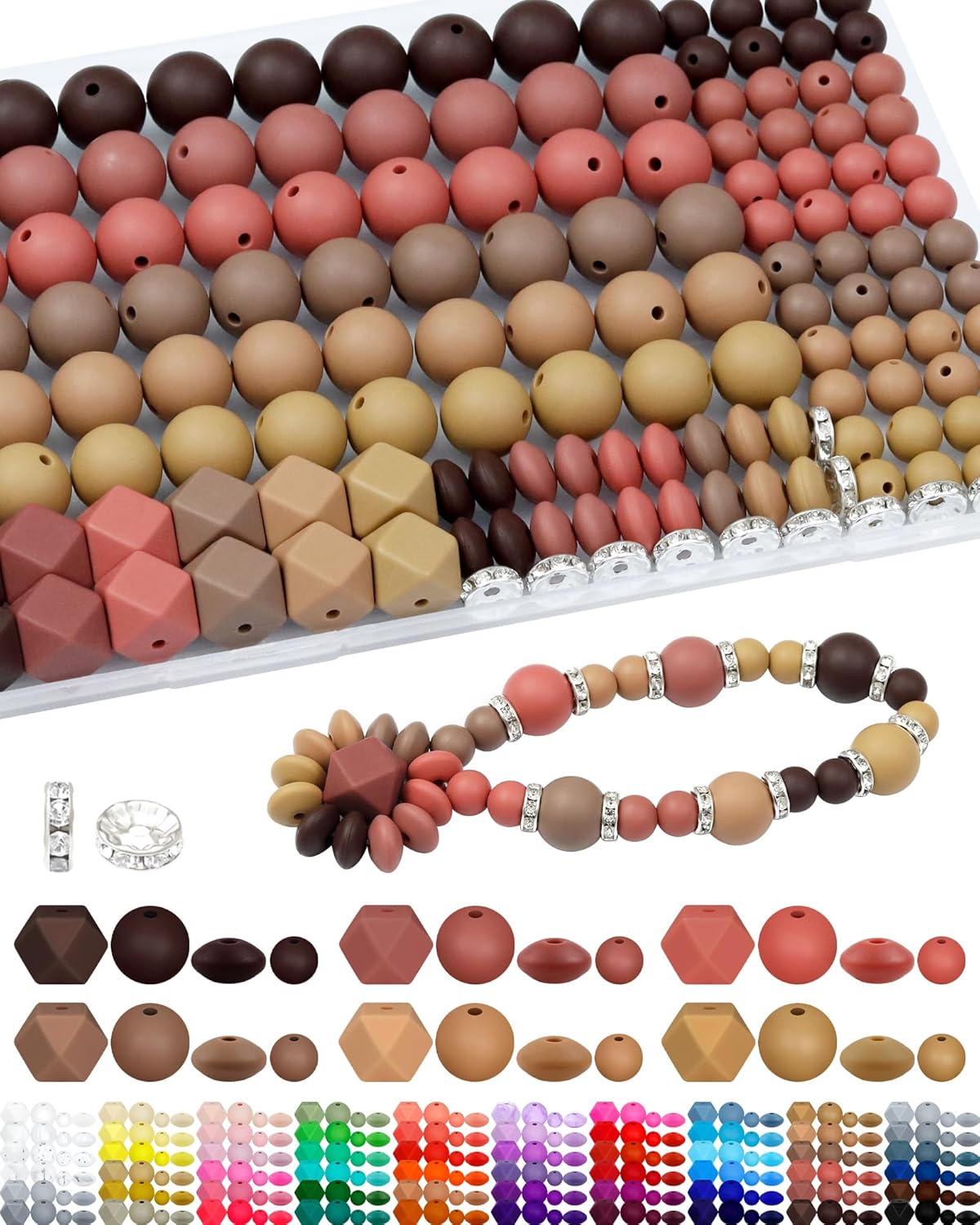172PCS FIVEIZERO Silicone Beads for Keychain Making, 6 Mixed Colors Silicone Focal Beads Kit, 9mm & 15mm Round Lentil Hexagon Bead & Rhinestone Spacer Bead for Jewelry Making & Bracelets (Brown)