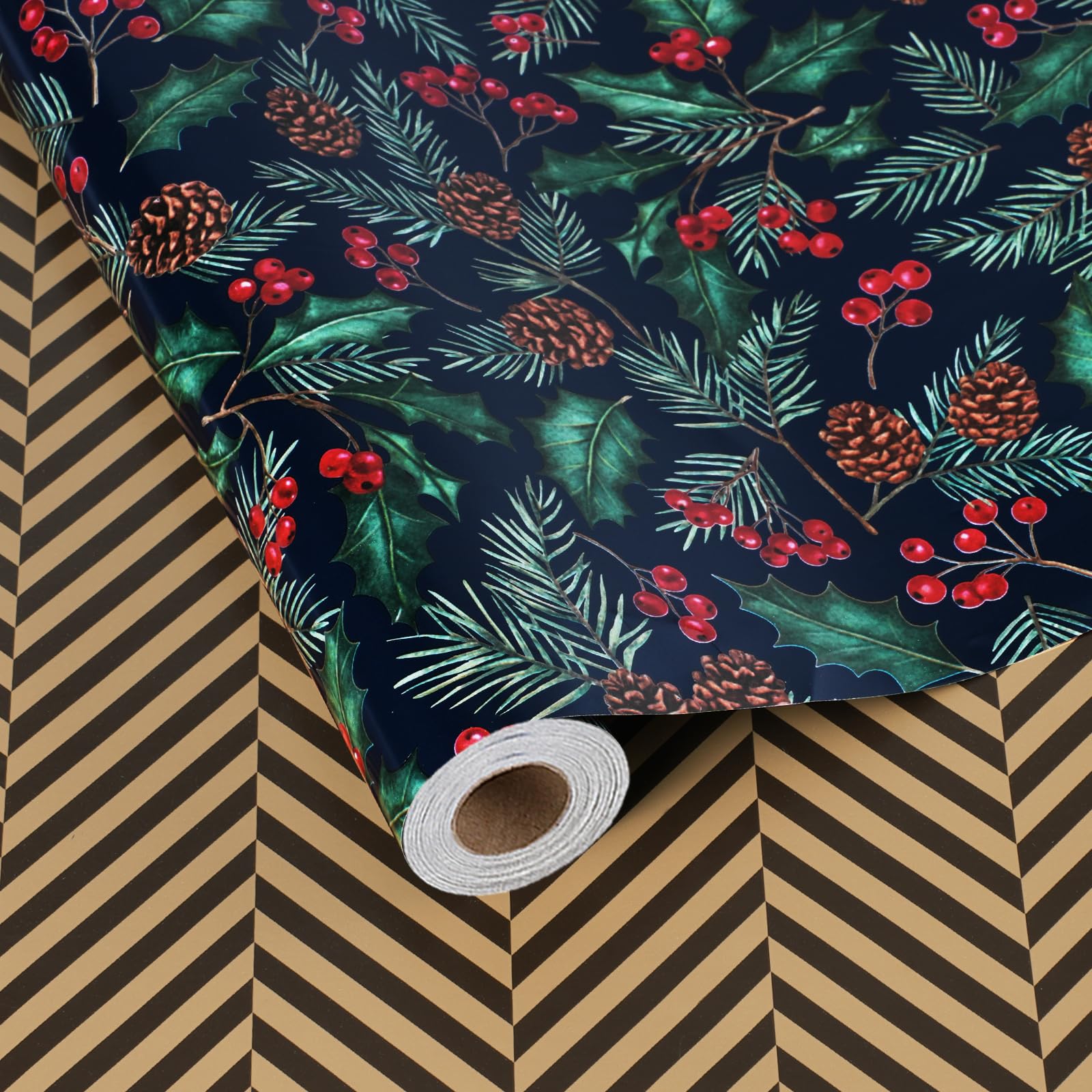 BIOBROWN Christmas Wrapping Paper, Holly Berry Herringbone,43cm x 10m โ image 1