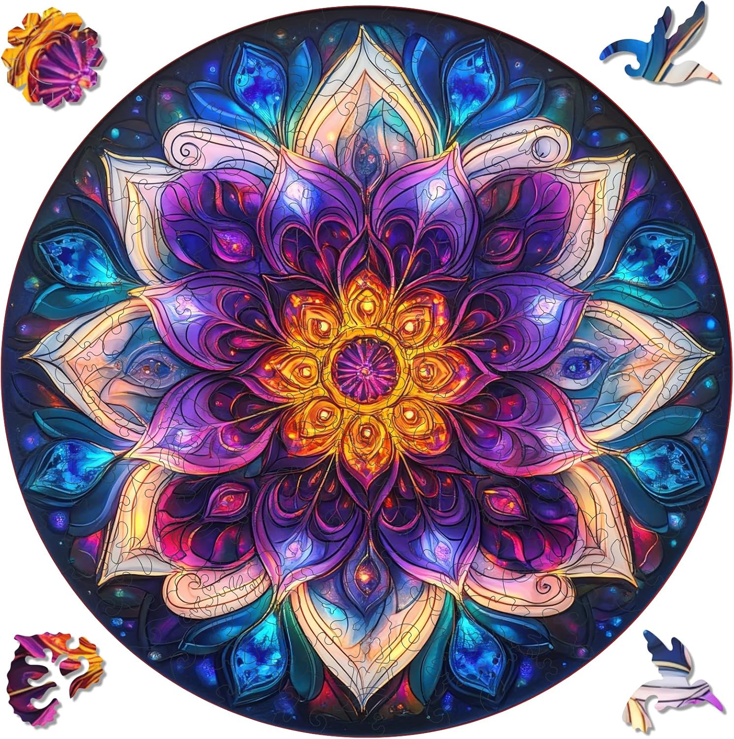 Delobil Puzzles for Adults 500 Pieces, 5MM Thick Colorful Mandala Flower Wooden Puzzles, Geometric Art Blue Round Jigsaw Puzzles for Adults and Kids, Family Game Gift Puzzle 16.5 * 16.5Inch