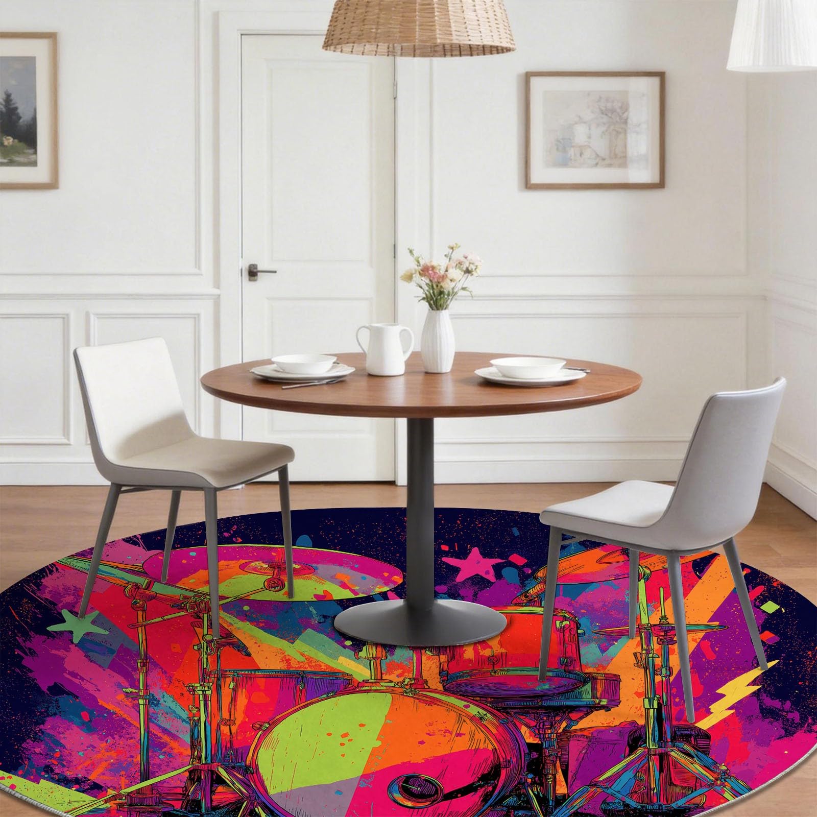 Pop Art Muzyka Okrągły dywan 120 cm Wielokolorowy Gwiazda Bateria Błyskawiczna Salon Okrągła Sypialnia Można prać w pralce Antypoślizgowy dywanik na łóżko do jadalni Kuchnia Biuro, Pokój gier