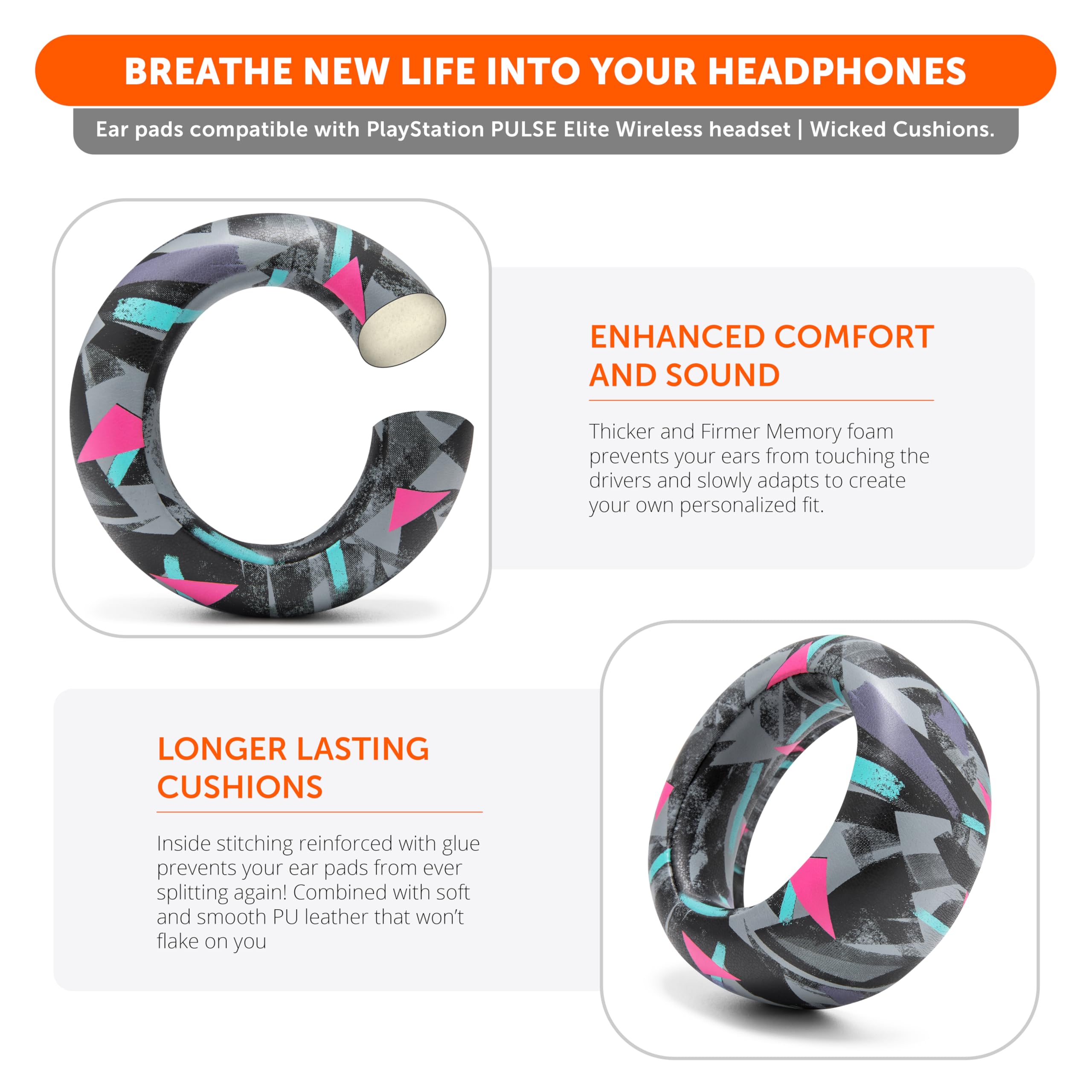 WC PadZ Pulse Elite - Upgraded PU Leather Earpads Compatible with PS5 Pulse Elite by Wicked Cushions, 90's Black - Image 4