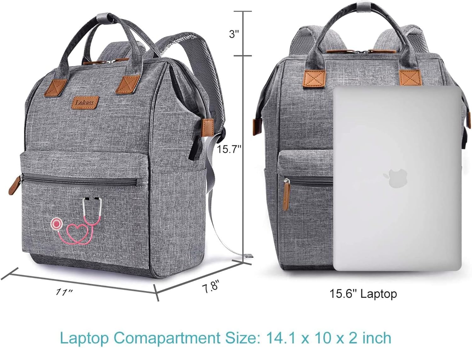 Nurse Backpack / Bag for Women - 15.6 Inch Waterproof Laptop Travel Backpack with USB Charging Port, Large Wide-open Nursing Bags,Nurse Bags for Work,Home Health Clinical Bag for College Teacher, Grey - Image 4