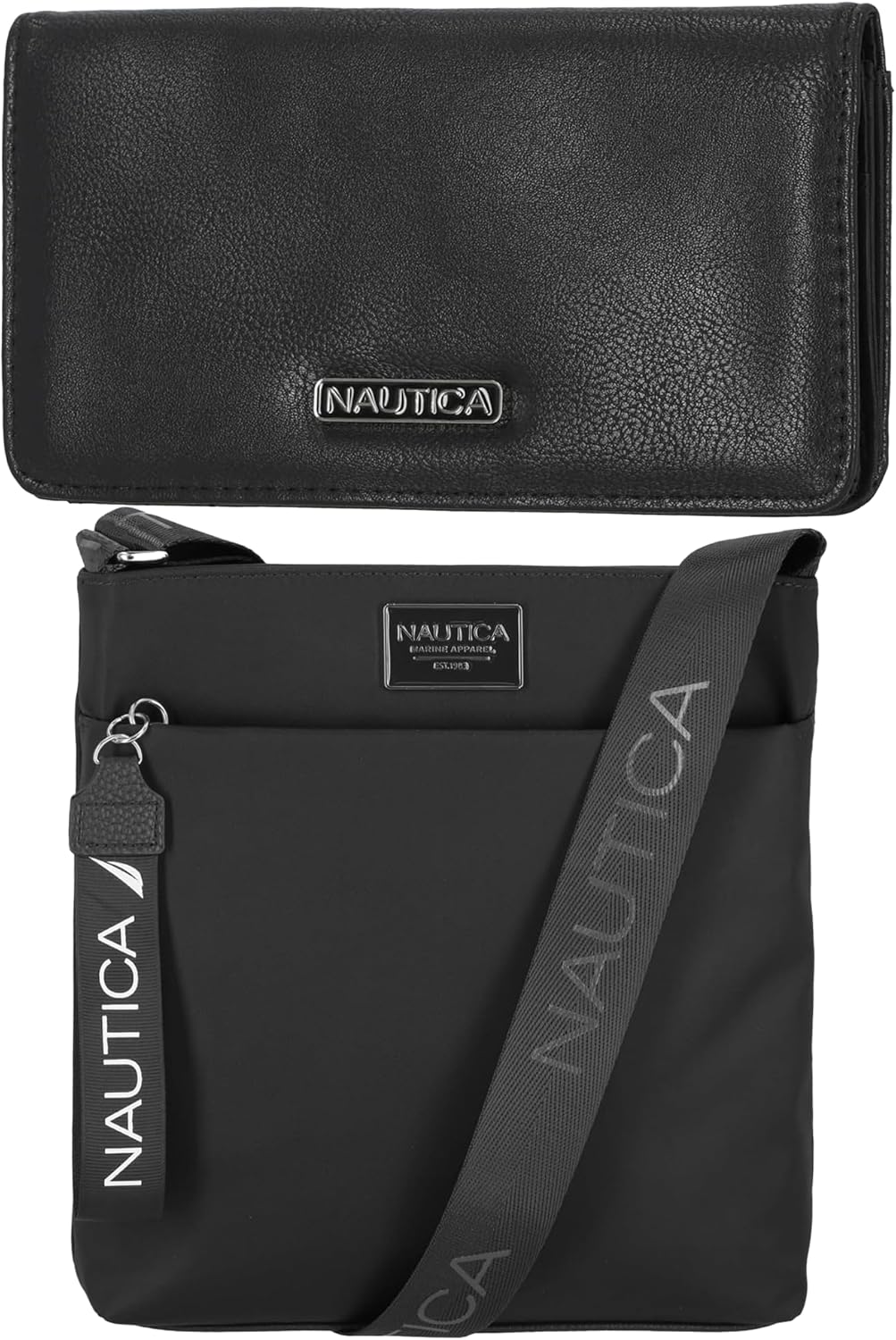 Nautica Diver Crossbody Tote in Black Enamel and Seaside Slim Wallet in Black