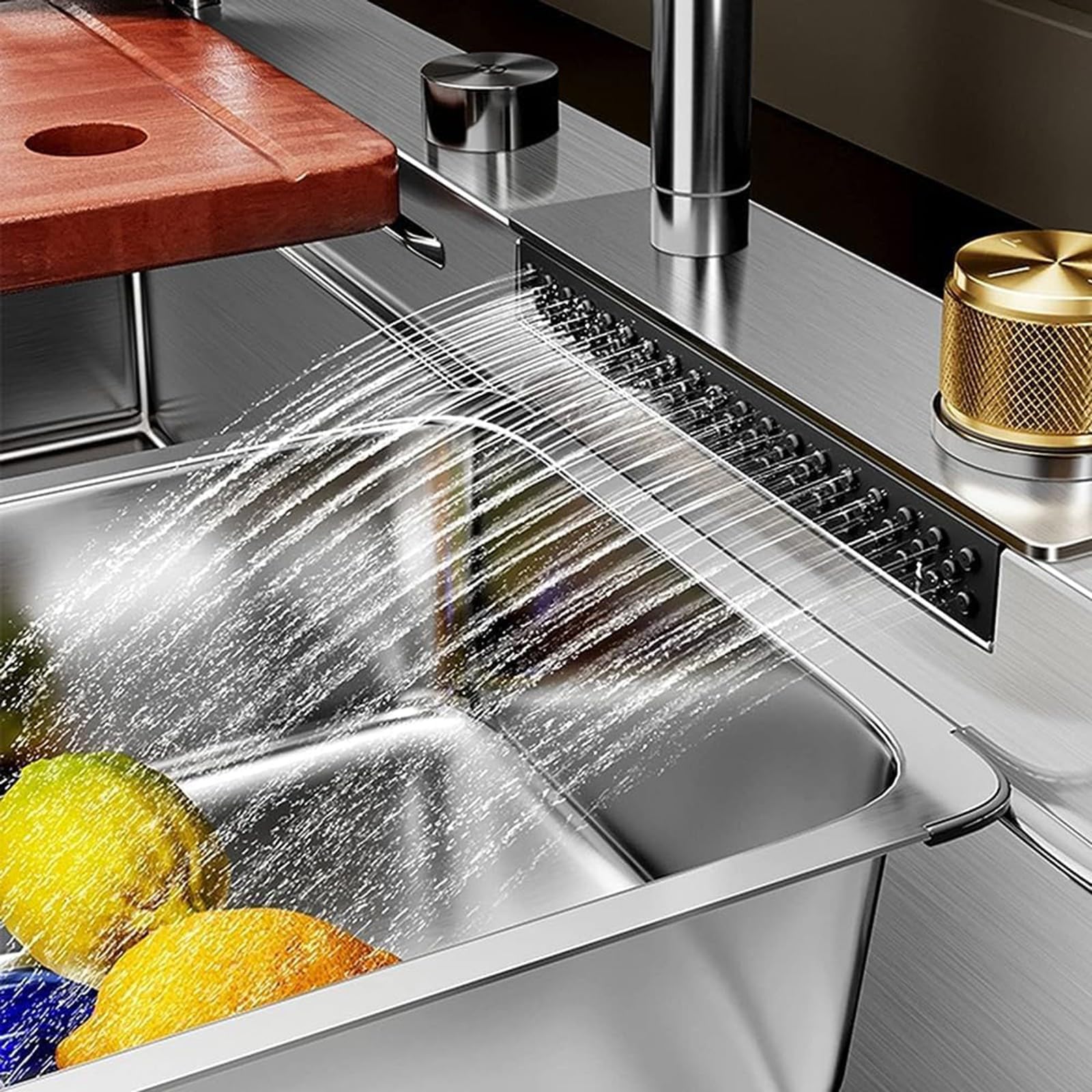 Set lavello da cucina in acciaio inox con cascata integrata e rubinetto estraibile, grande vasca doppia vasca 68 x 45 x 21 cm, qualità professionale, facile da pulire