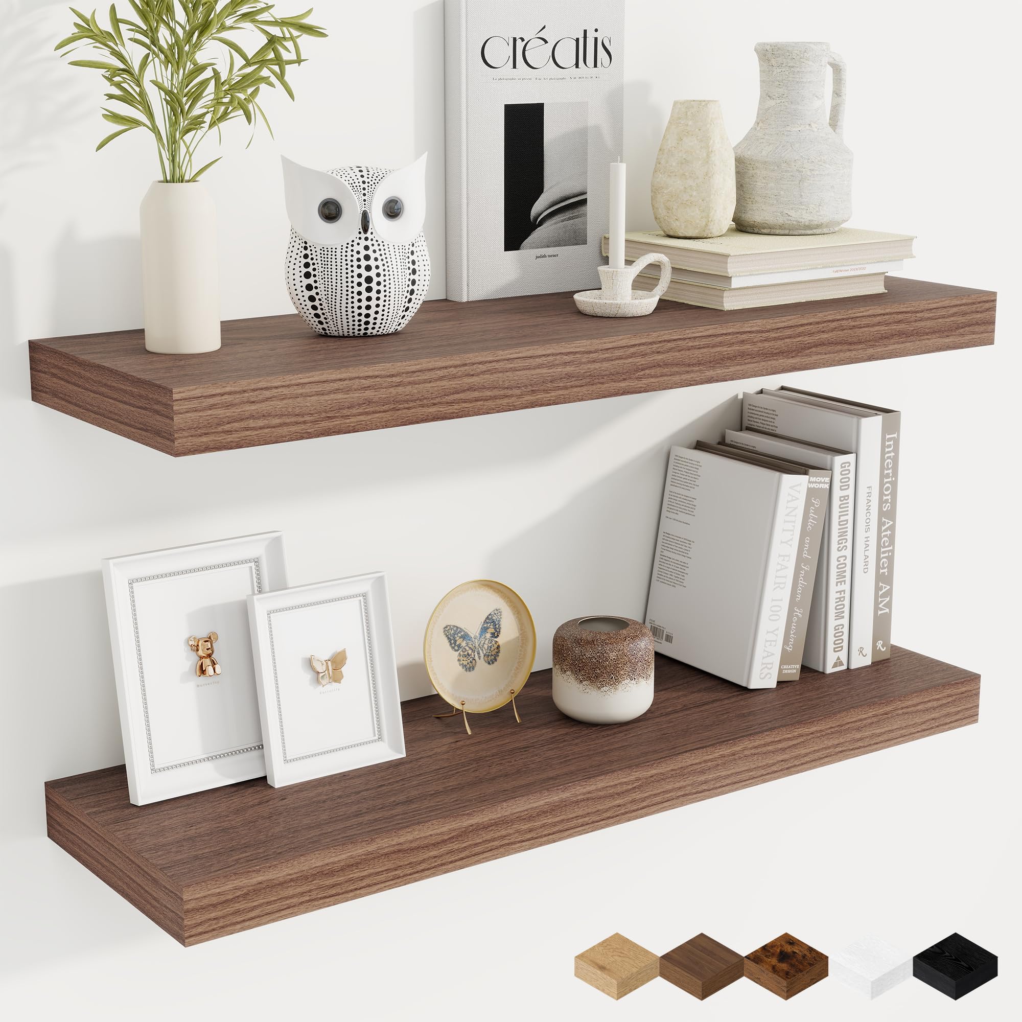 Fun Memories Floating Shelves for Wall, 80cm Rustic Wood Wall Mounted Shelves for Bathroom, Bedroom, Kitchen, Living Room, Floating Shelves for Storage & Home Decor (Walnut, Set of 2)