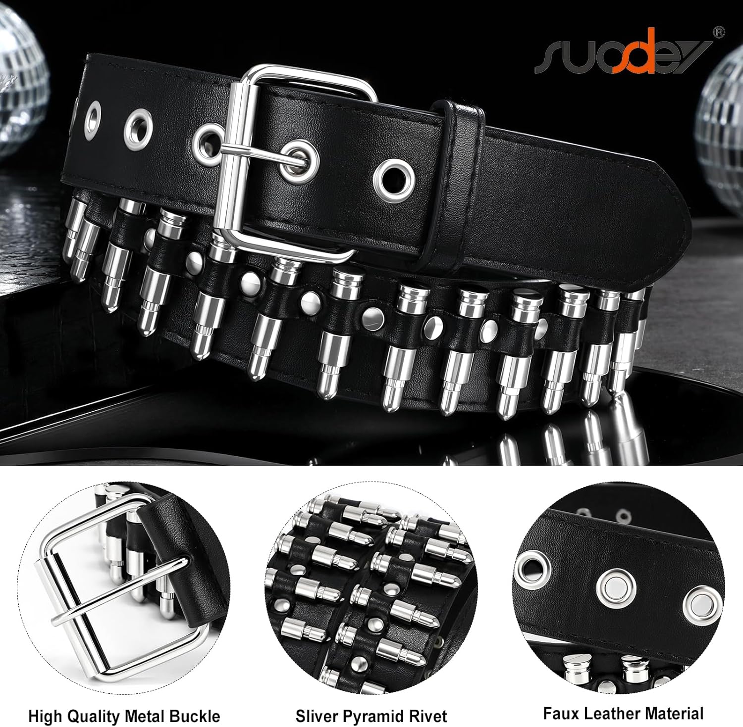 SUOSDEY Black Studded Belt,Y2K Silver Metal Grommet Belt for Men Women Punk Rock Style for Jeans Pants - Image 4