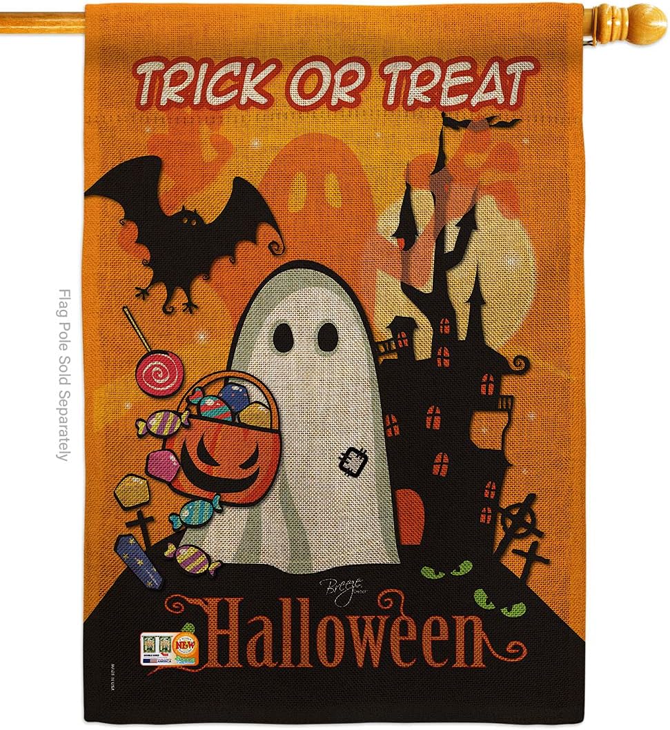 Breeze Decor Little Ghost House Flag Fall Halloween Witch Trick or Treat Spooky Night Black Cat Season Autumntime Pumpkin Decoration Banner Small Garden Yard Gift Double-Sided, Made in USA