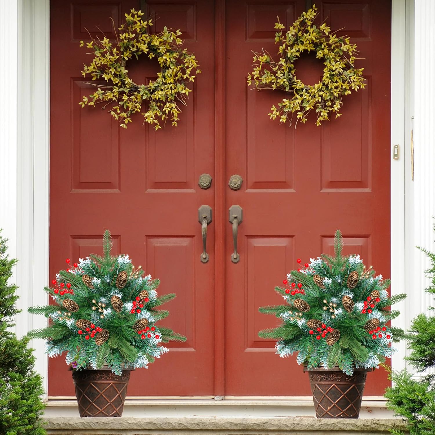 Set of 2 24Inch Lighted Christmas Tree Urn Filler, Artificial Holiday Planters, Flocked Xmas Trees with Cones Berries, Outdoor Christmas Decorations for Planter, Porch, Yard