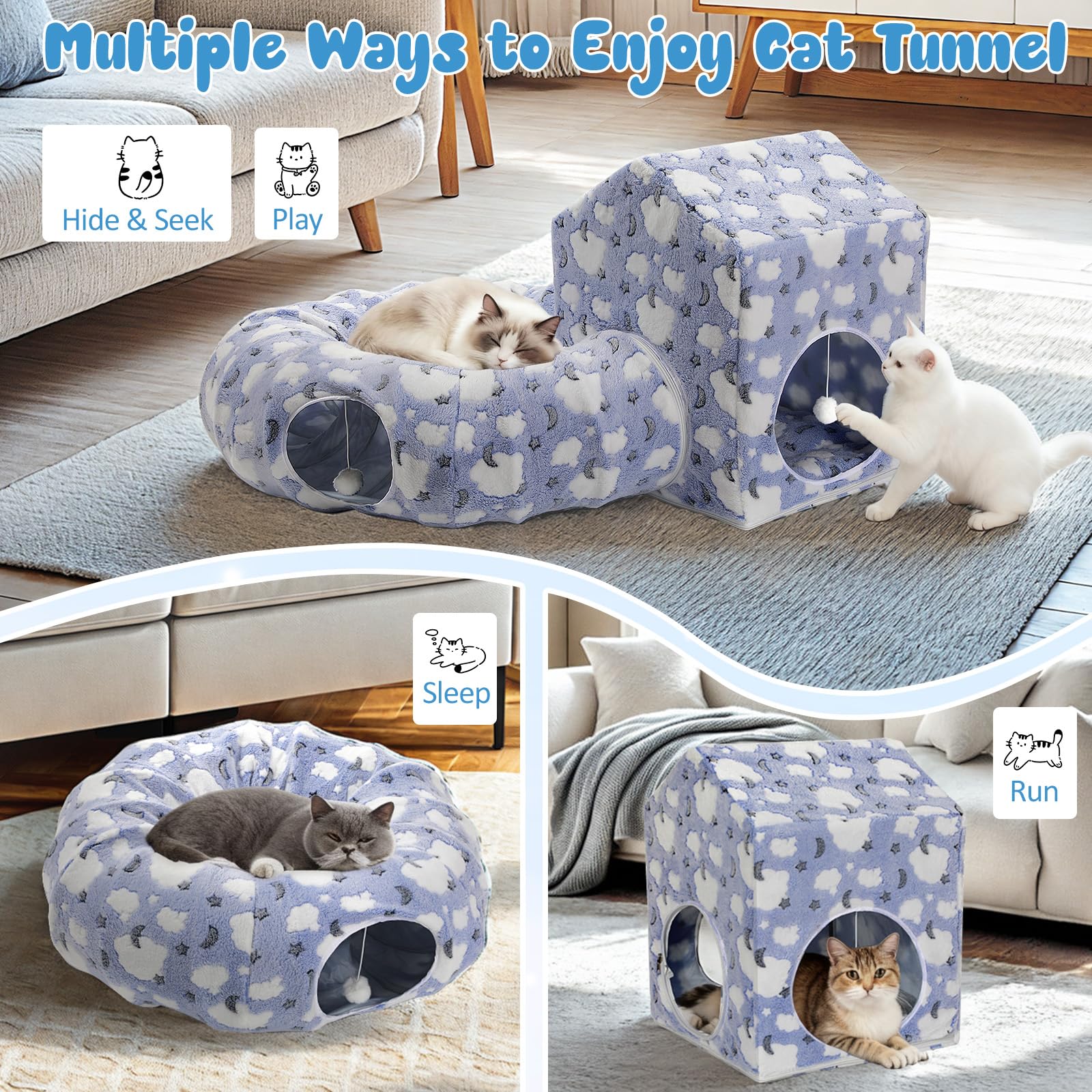 Pawaboo Letto a Tunnel per Gatti, Tubo a Ciambella per Gatti con Casetta Quadrata, Tunnel Morbidi in Peluche con Cuscini Lavabili, Nascondiglio Pieghevole per Gattini con Palline Morbide, Indaco