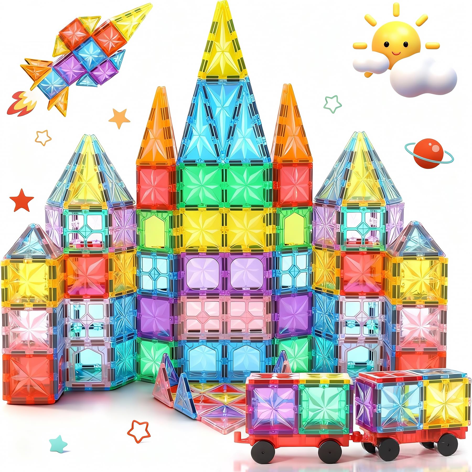 Magnetic Tiles STEM Magnetic Blocks Building Toys Preschool Learning Sensory Toys Construction Educational Toys for 3 Years Old Boys and Girls Age 4 5 6 Year Old Gifts Creative Kids Toys 61PCS