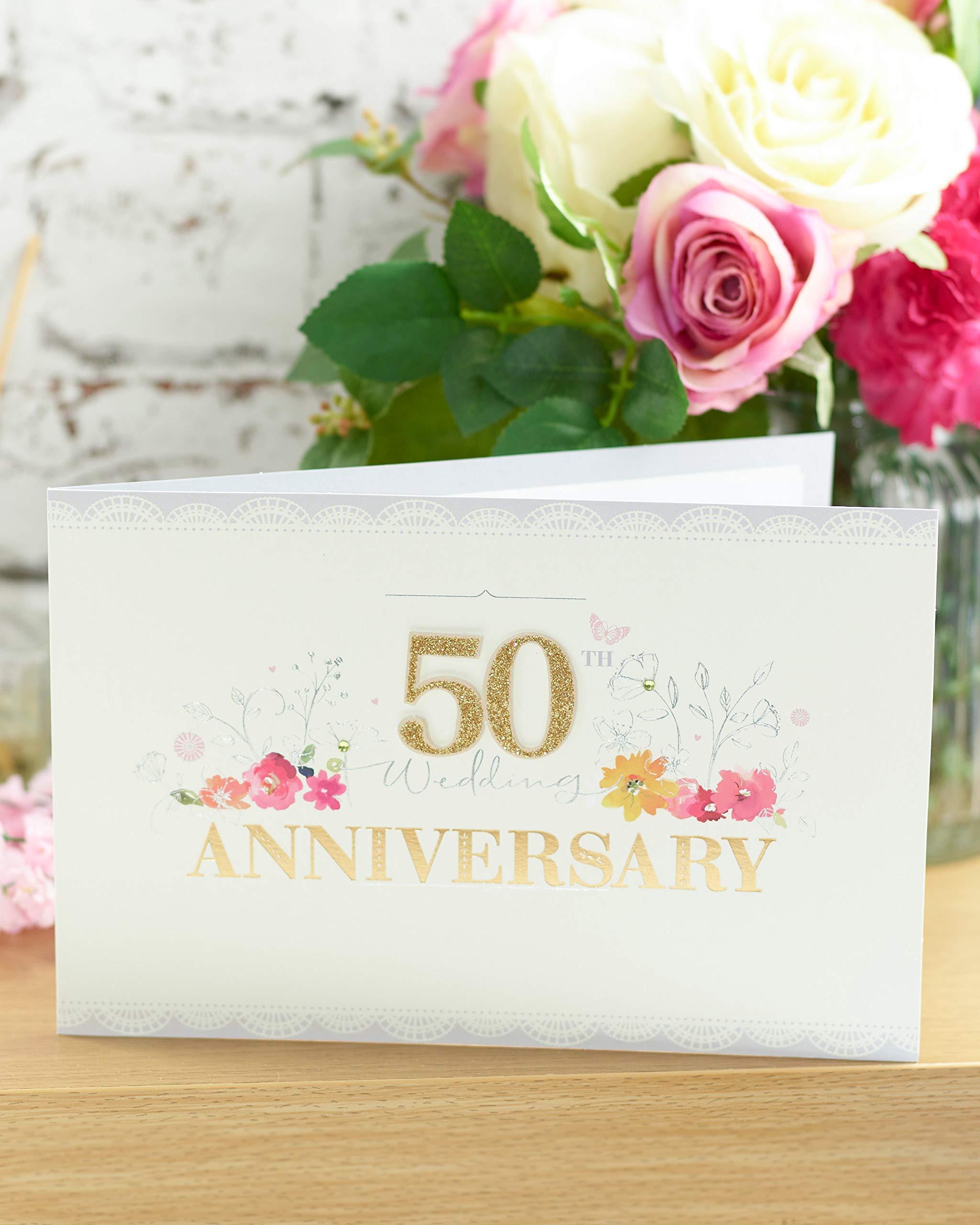 Words 'n' Wishes Biglietto 50° Anniversario Con Busta | Married In 1975 Con Cuori E Dettagli In Lamina Oro | Fatti Anno 1975 All'Interno | 21,7x15,3 Cm