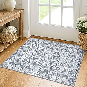 KILOCOCO Boho Entryway Rug 2x3 Printed Small Area Rug Indoor Door Mat Machine Washable Kitchen Rugs Super Soft Non Slip Throw Rugs for Bedroom Entrance Geometric Laundry Room, Gray/White