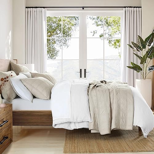 Miniatura 5 de Juego de colcha de algodón 100 %, tamaño Queen, beige, prelavado, 3 piezas, suave, ligero, puntadas decorativas, 2 fundas de almohada, patrón