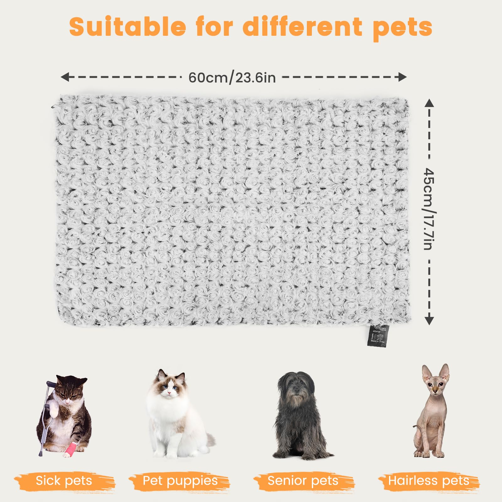 HAPPY HACHI Cuccia per gatti autoriscaldante, 60 x 45 cm, coperta riscaldata senza elettricità, morbida e calda per animali domestici, lavabile, autoriscaldante, tappetino per cani per interni, gatti,
