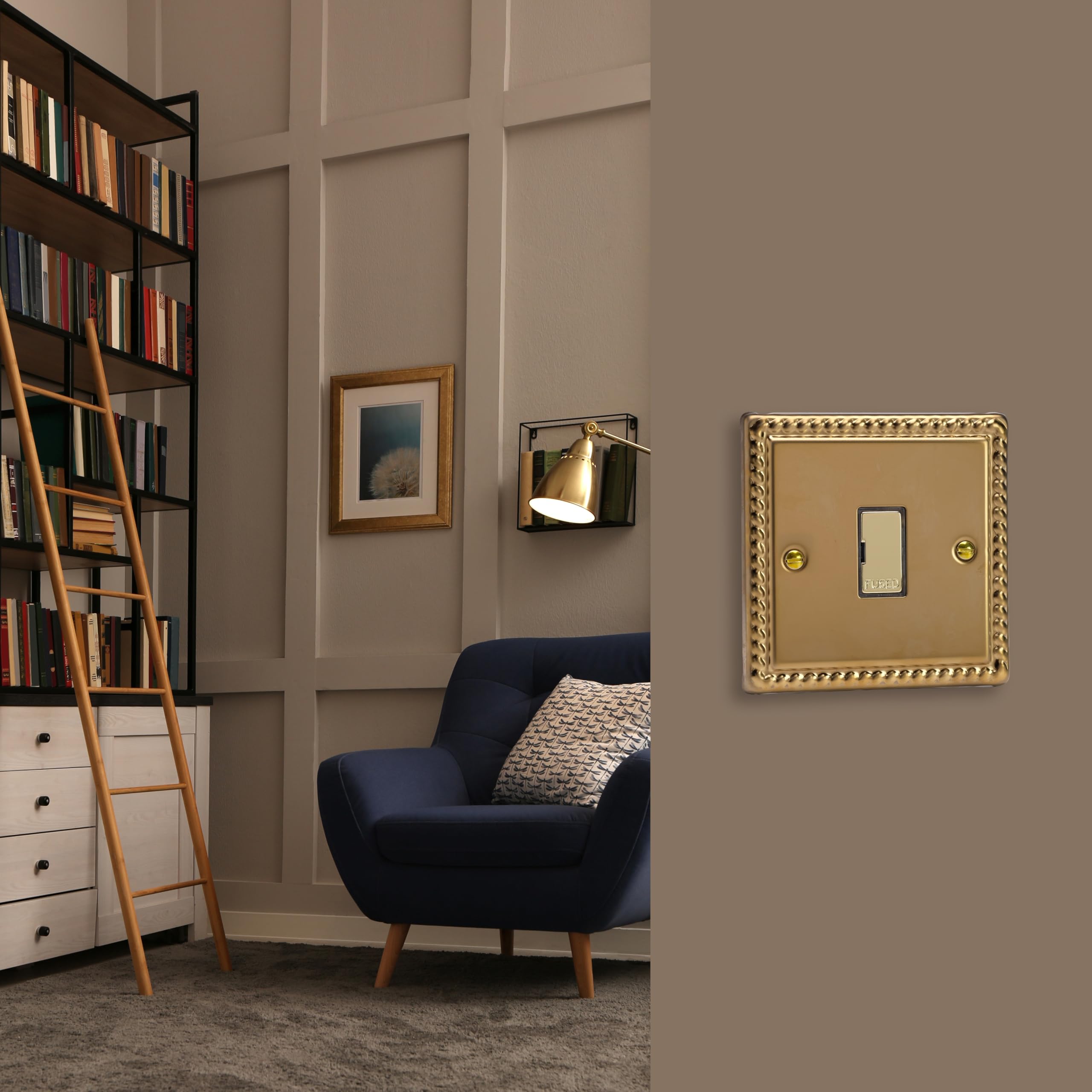 Varilight Unswitched Fused Spur - Classic Georgian Brass with Polished Brass Insert, XG6UD, 95x95x30mm - Image 2