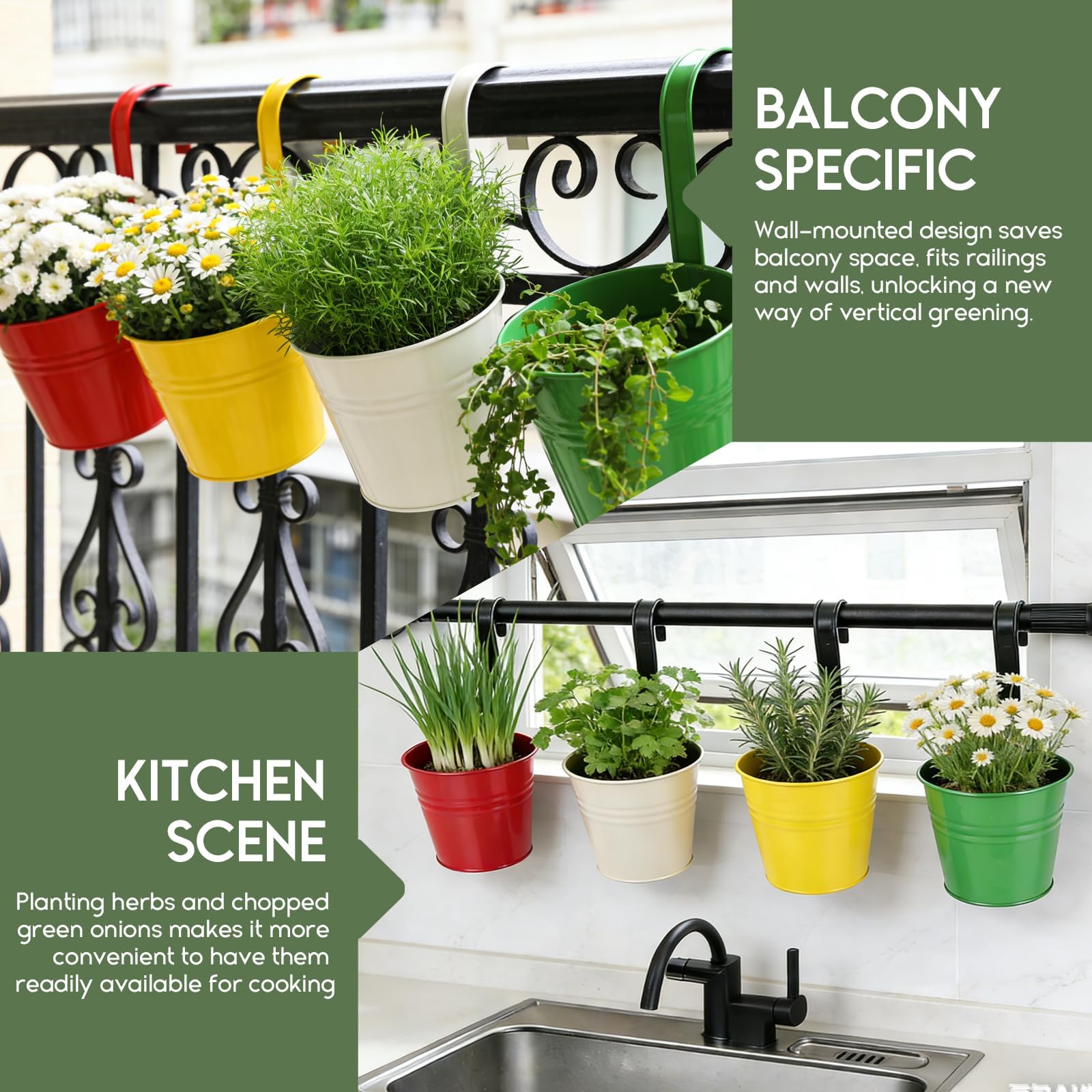 CITÉTOILE - Juego de 4 Macetas Colgantes Grandes con Agujero de Drenaje y Asas Extraíbles - Set Multicolor para Plantas Colgantes de Balcón, Terraza o Interior, Modelo 04 — view 5