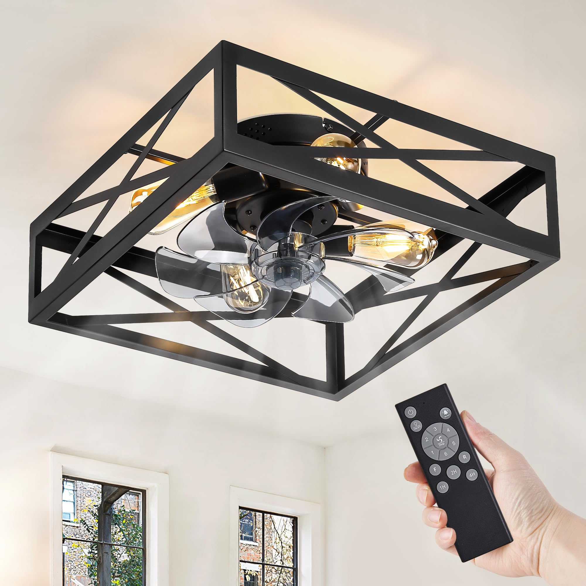 LEDIARY Caged Low Profile Ceiling Fans with Lights and Remote, Black Square Flush Mount Ceiling Fan, 6 Speed and Reversible, Small Farmhouse Bladeless Ceiling Fan for Bedroom, Kitchen, Dining Room