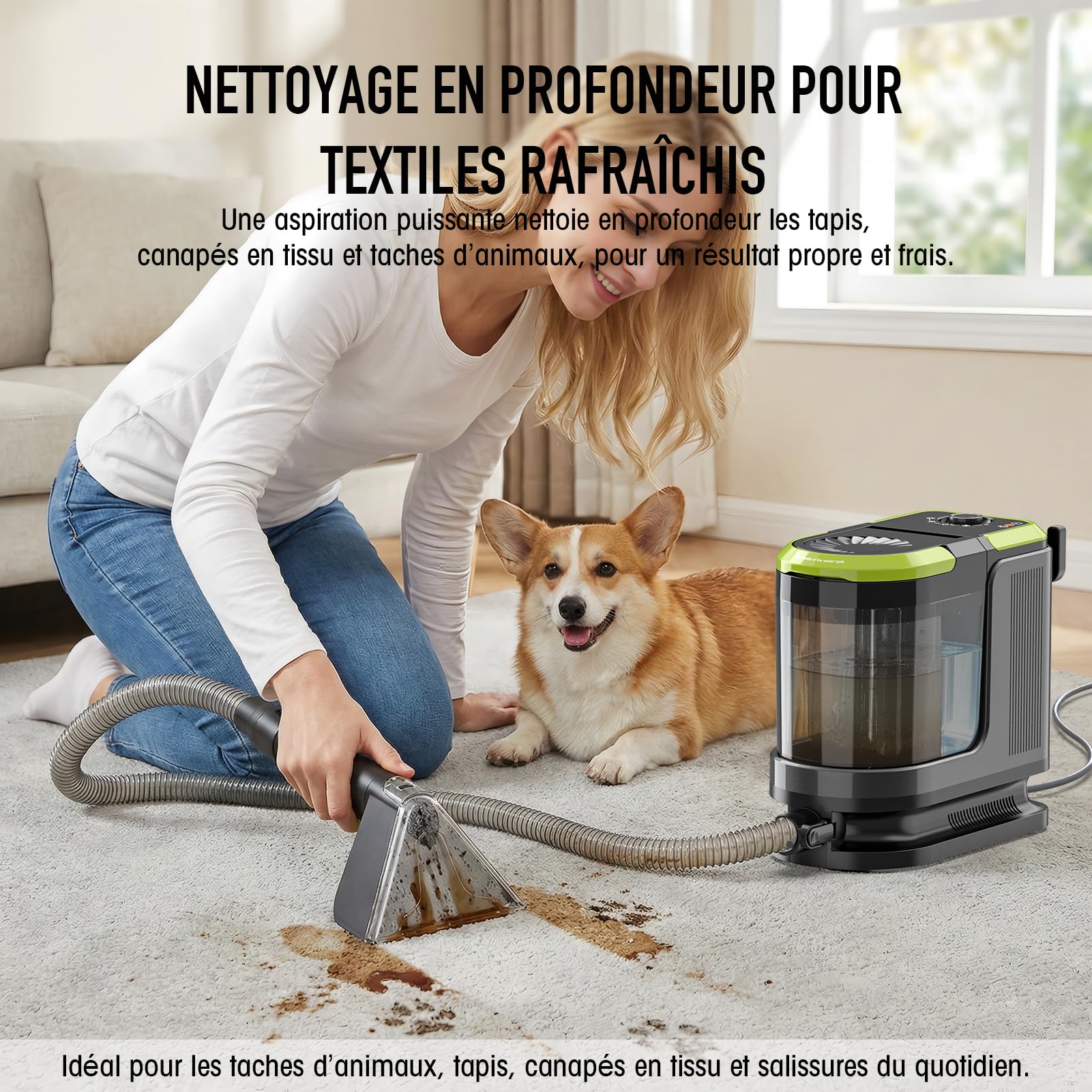 HYCHIKA Shampouineuse Canapé, Nettoyeur Canapé Tissu 1800W, 17 kPa Injecteur Extracteur Portable, avec Double Réservoir et Auto-Nettoyage, pour Tapis/Coussins/Sièges Auto, Familles Animaux